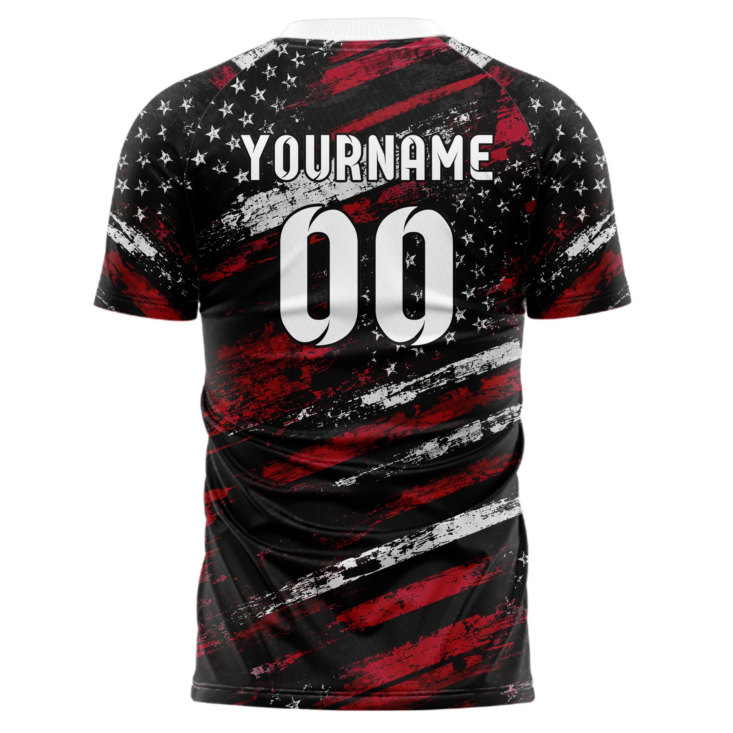 Schwarz dunkles Flaggen Weathered Flag Stripes Design 06-0008 individuelles Fußballtrikot front