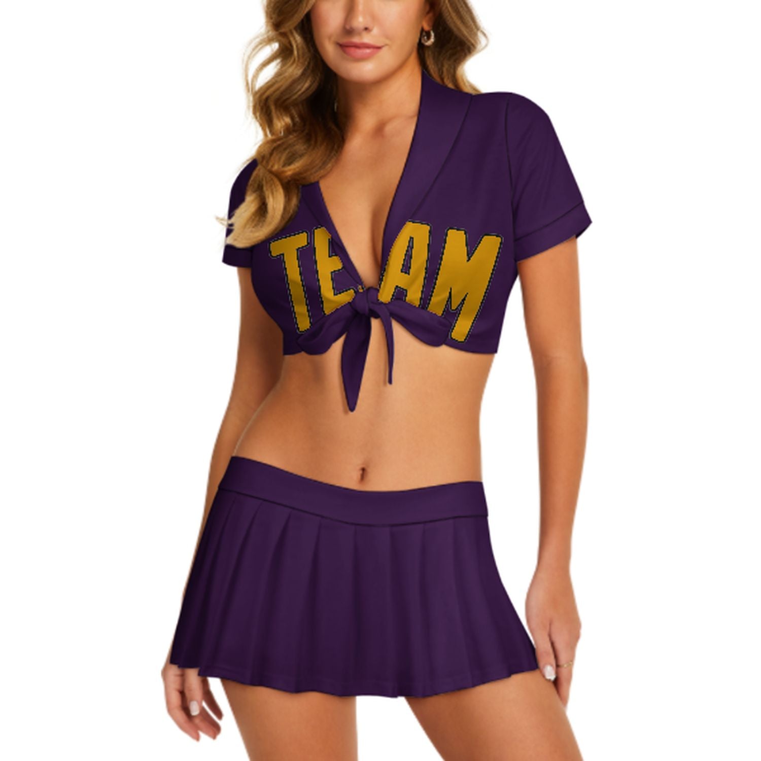 Maßgeschneidertes Lila Gelb Cheerleader Outfit Set