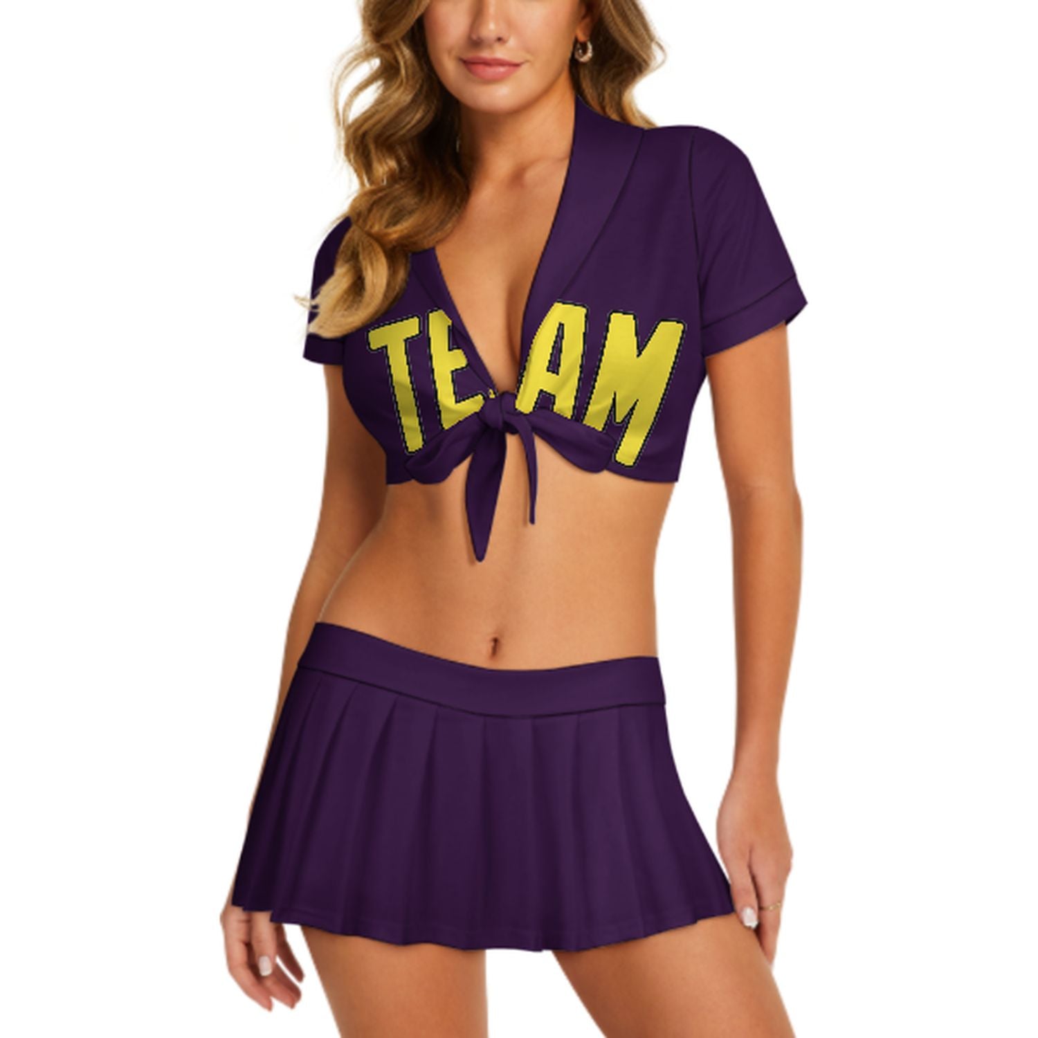 Maßgeschneidertes Lila Blassgelb Cheerleader Outfit Set