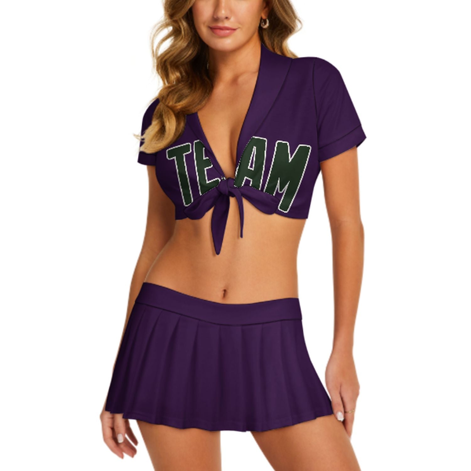 Maßgeschneidertes Lila Tannengrün Cheerleader Outfit Set