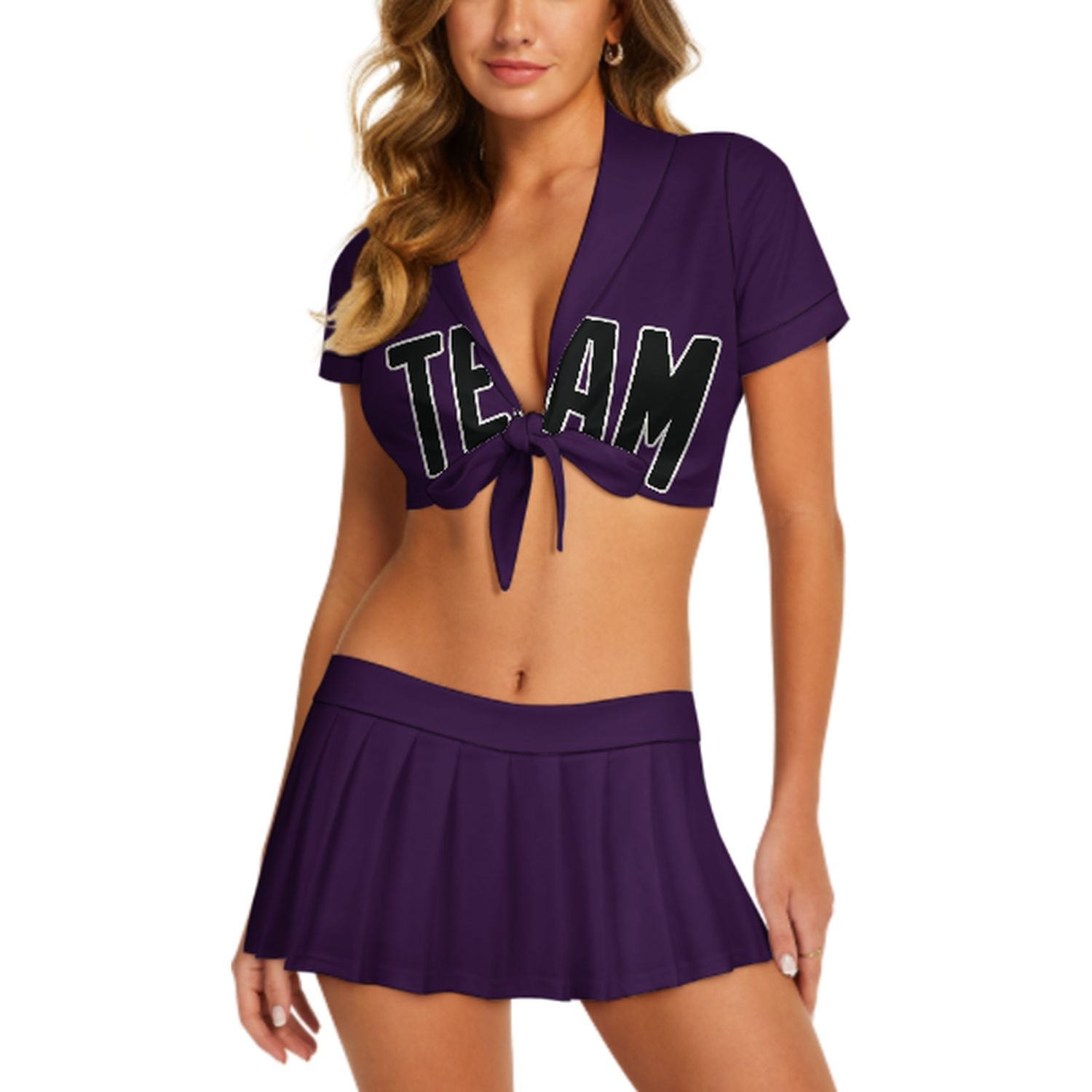 Maßgeschneidertes Lila Schwarz Cheerleader Outfit Set