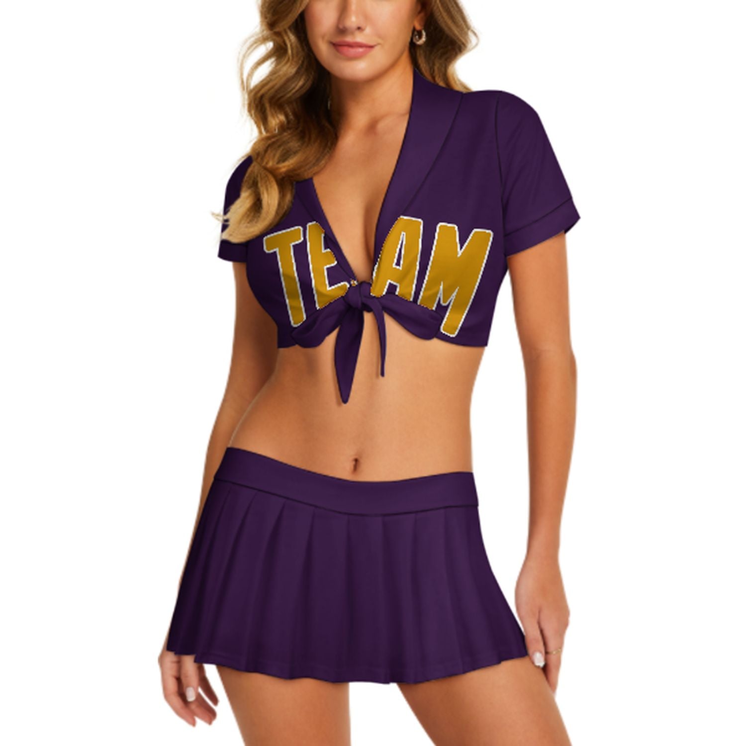 Maßgeschneidertes Lila Gelb Cheerleader Outfit Set