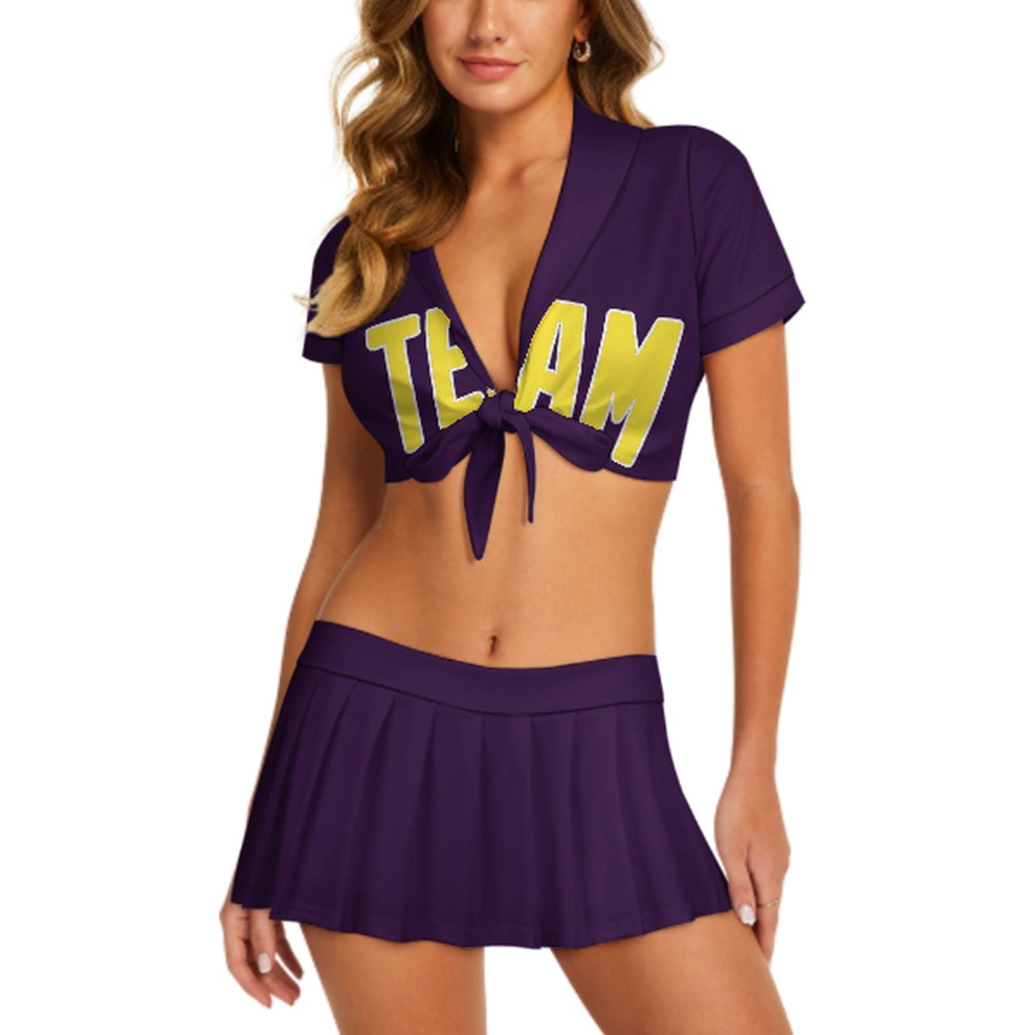 Maßgeschneidertes Lila Blassgelb Cheerleader Outfit Set