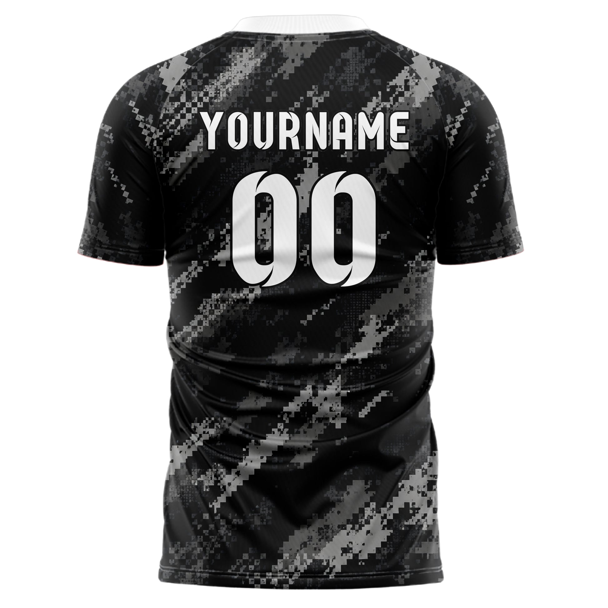 Schwarz klassisches Camouflage Digital Pixel Camo Design 07-0012 individuelles Fußballtrikot back