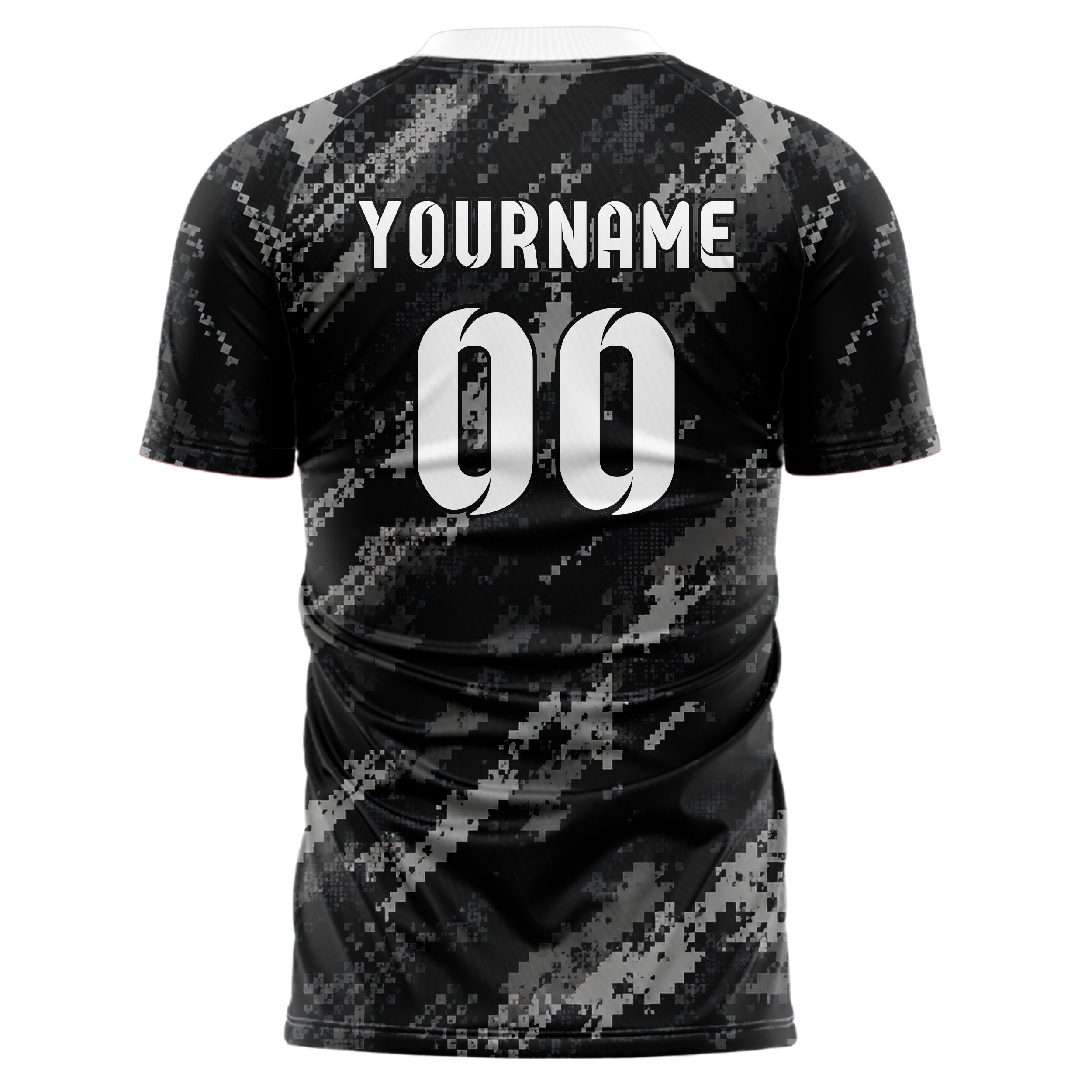 Schwarz klassisches Camouflage Digital Pixel Camo Design 07-0012 individuelles Fußballtrikot back