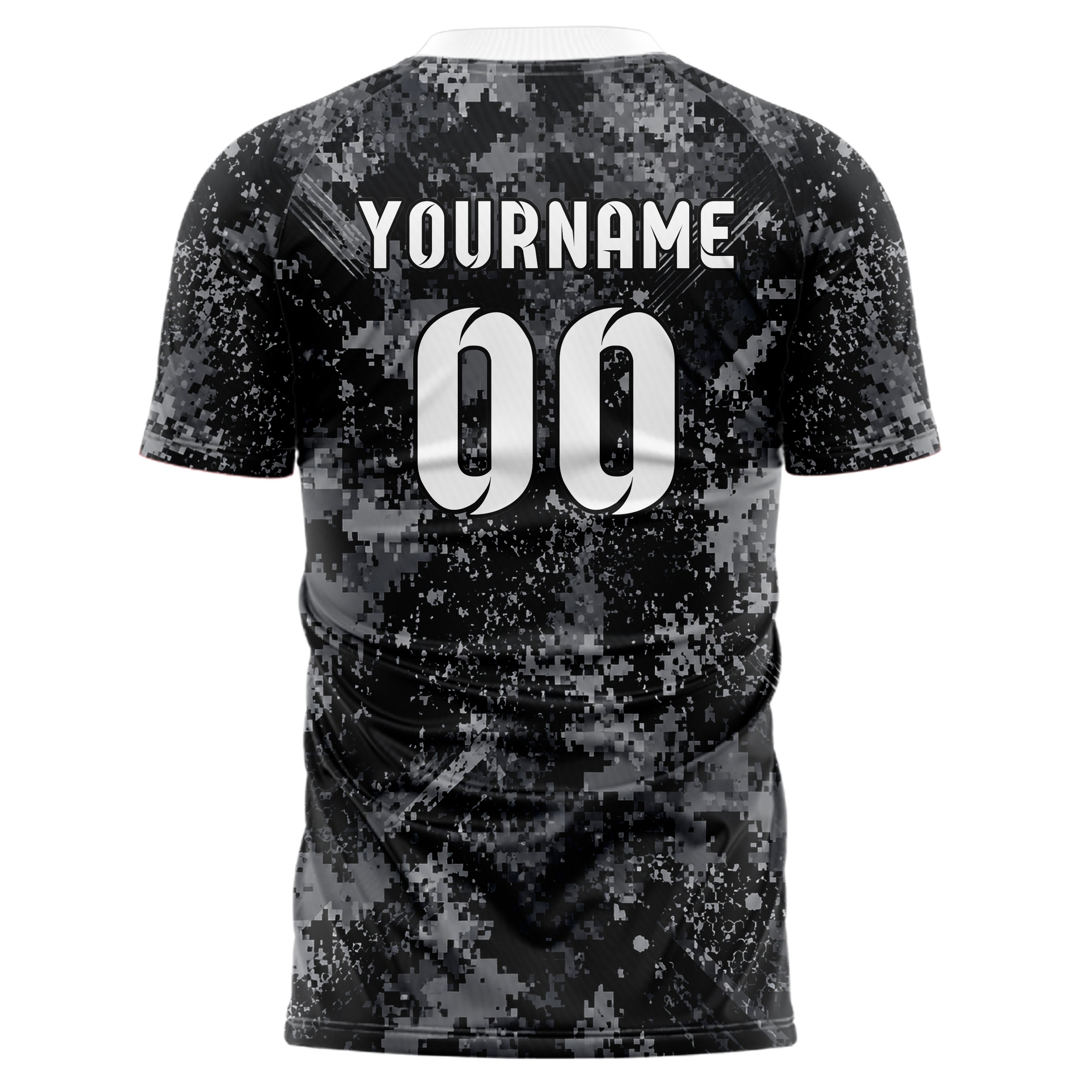 Schwarz klassisches Camouflage Digital Pixel Camo Design 07-0036 individuelles Fußballtrikot back