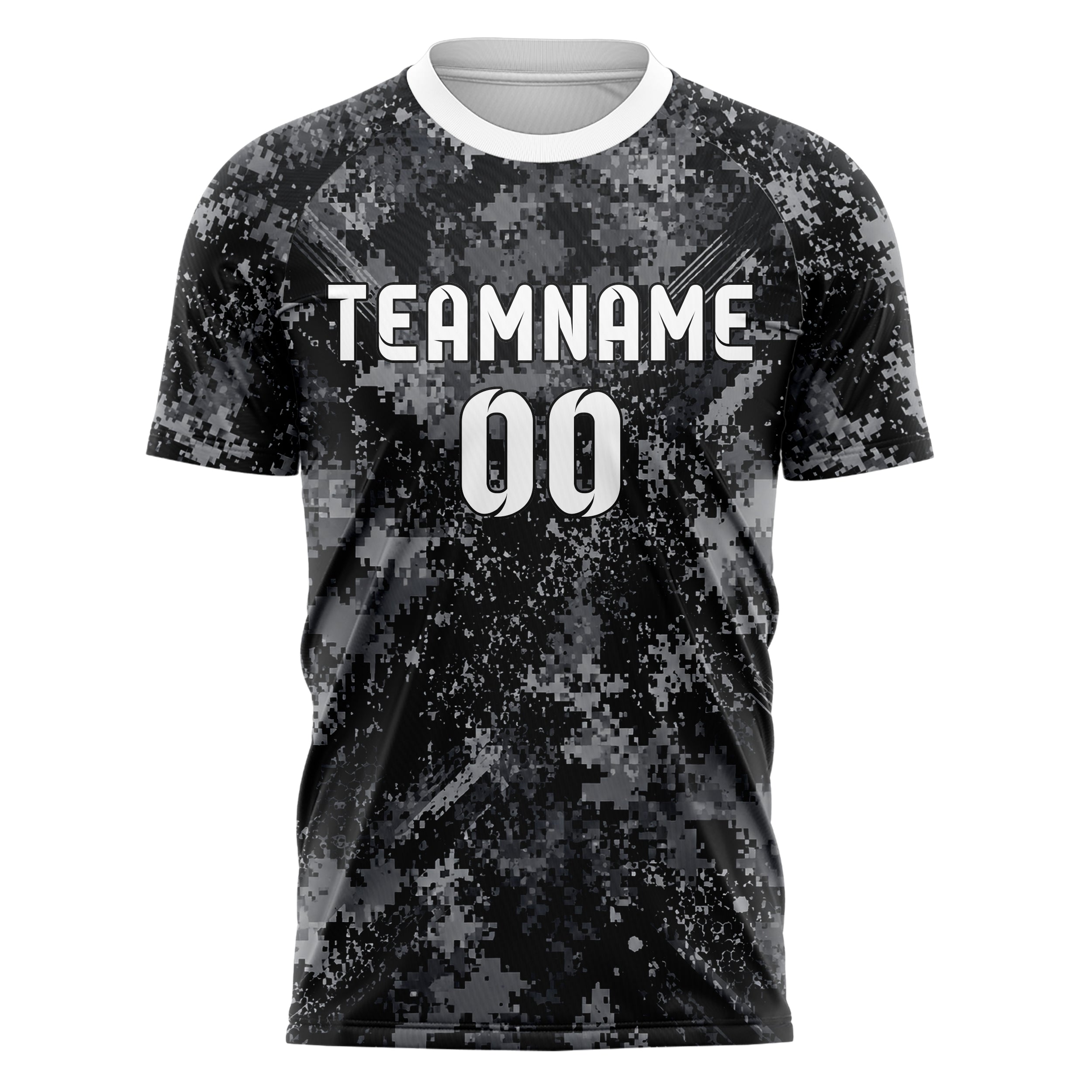 Schwarz klassisches Camouflage Digital Pixel Camo Design 07-0036 individuelles Fußballtrikot front