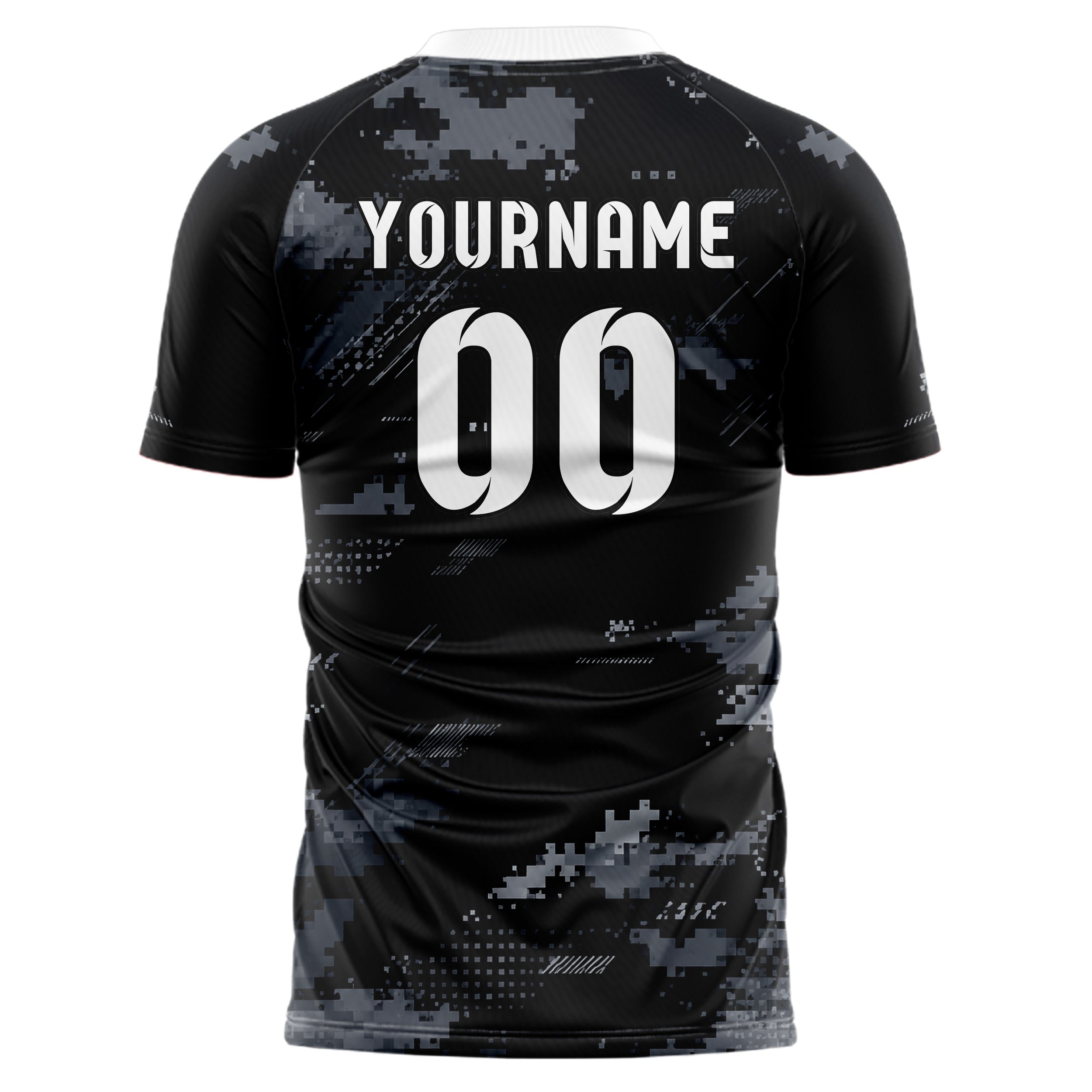 Schwarz klassisches Camouflage Digital Pixel Camo Design 07-0042 individuelles Fußballtrikot back