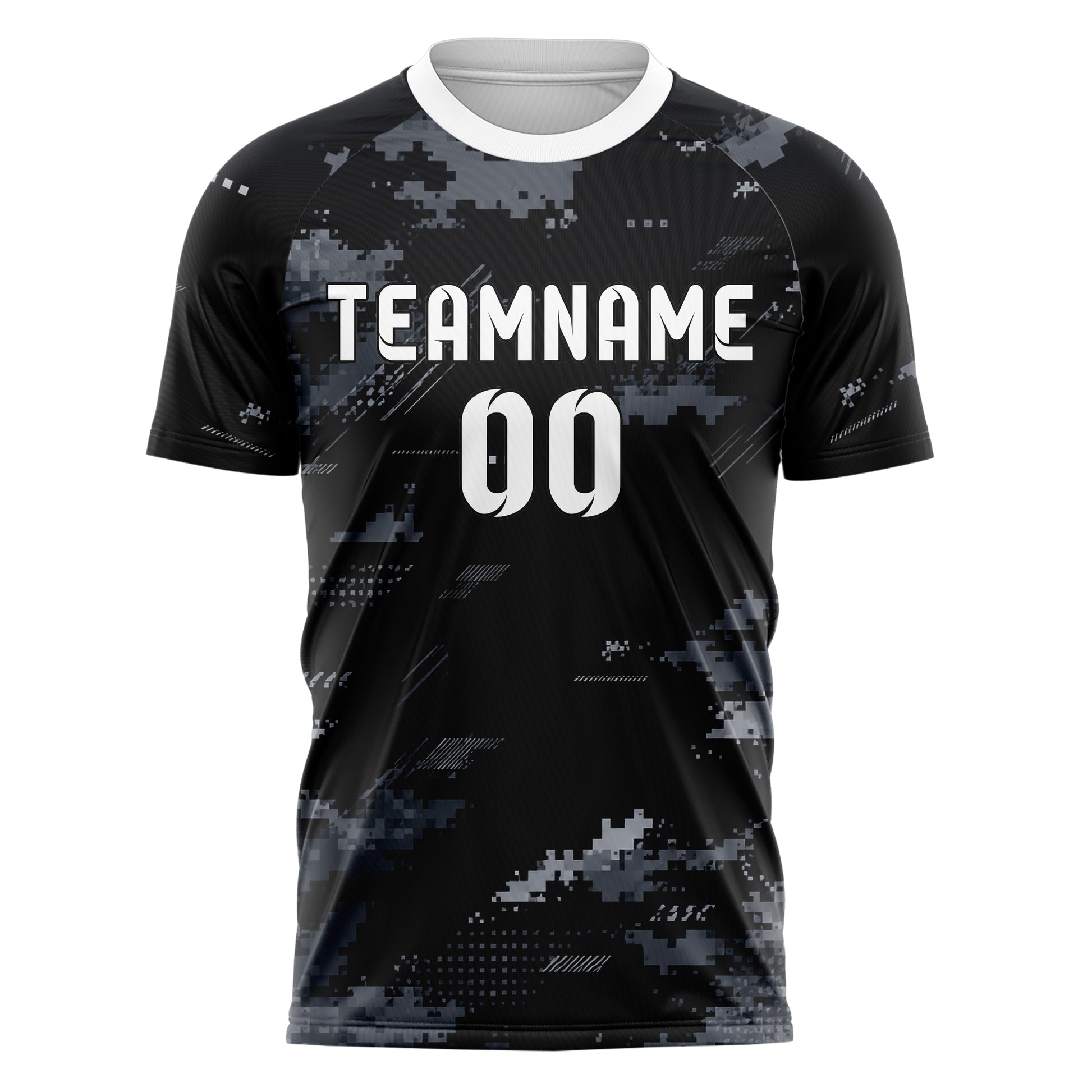 Schwarz klassisches Camouflage Digital Pixel Camo Design 07-0042 individuelles Fußballtrikot front