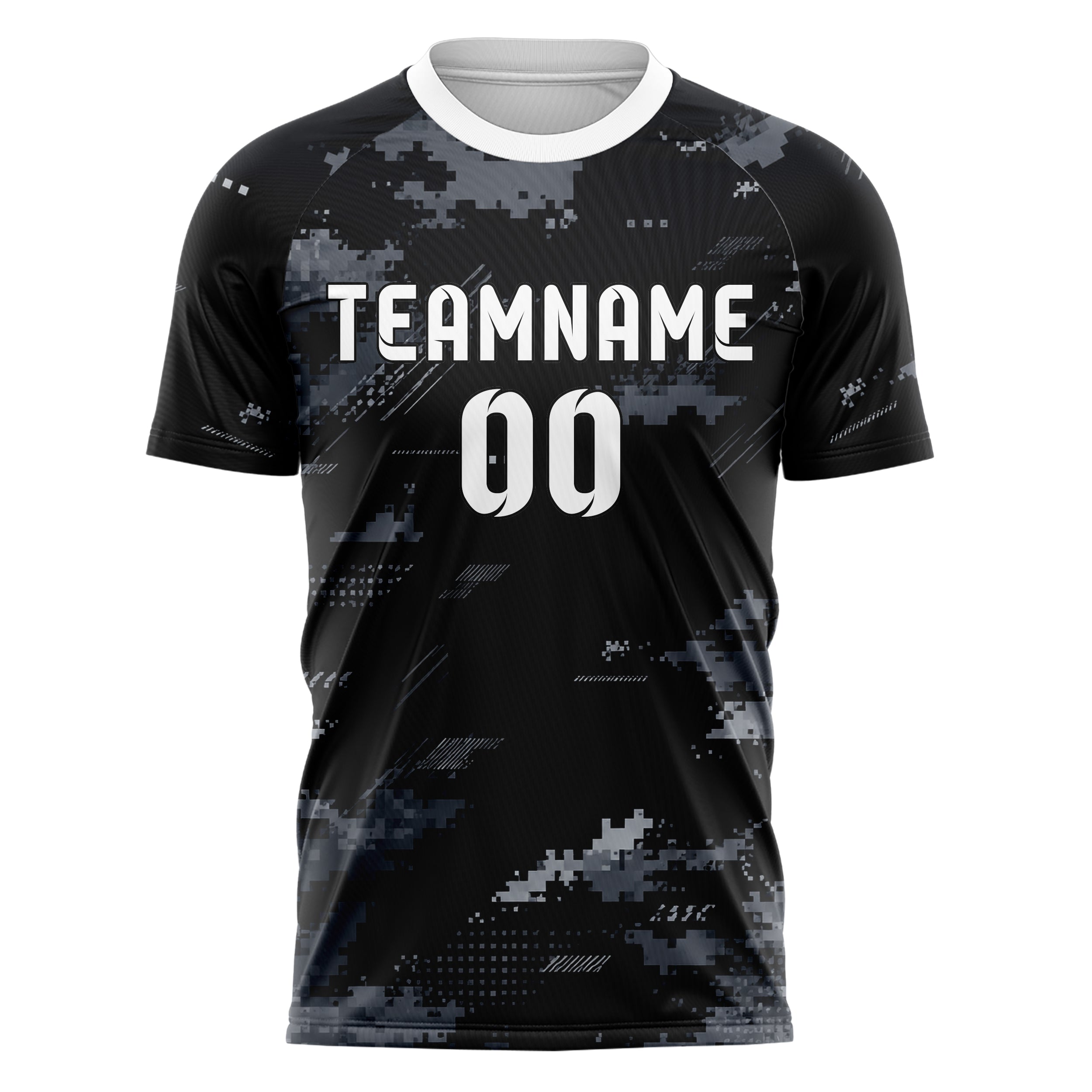Schwarz klassisches Camouflage Digital Pixel Camo Design 07-0042 individuelles Fußballtrikot front