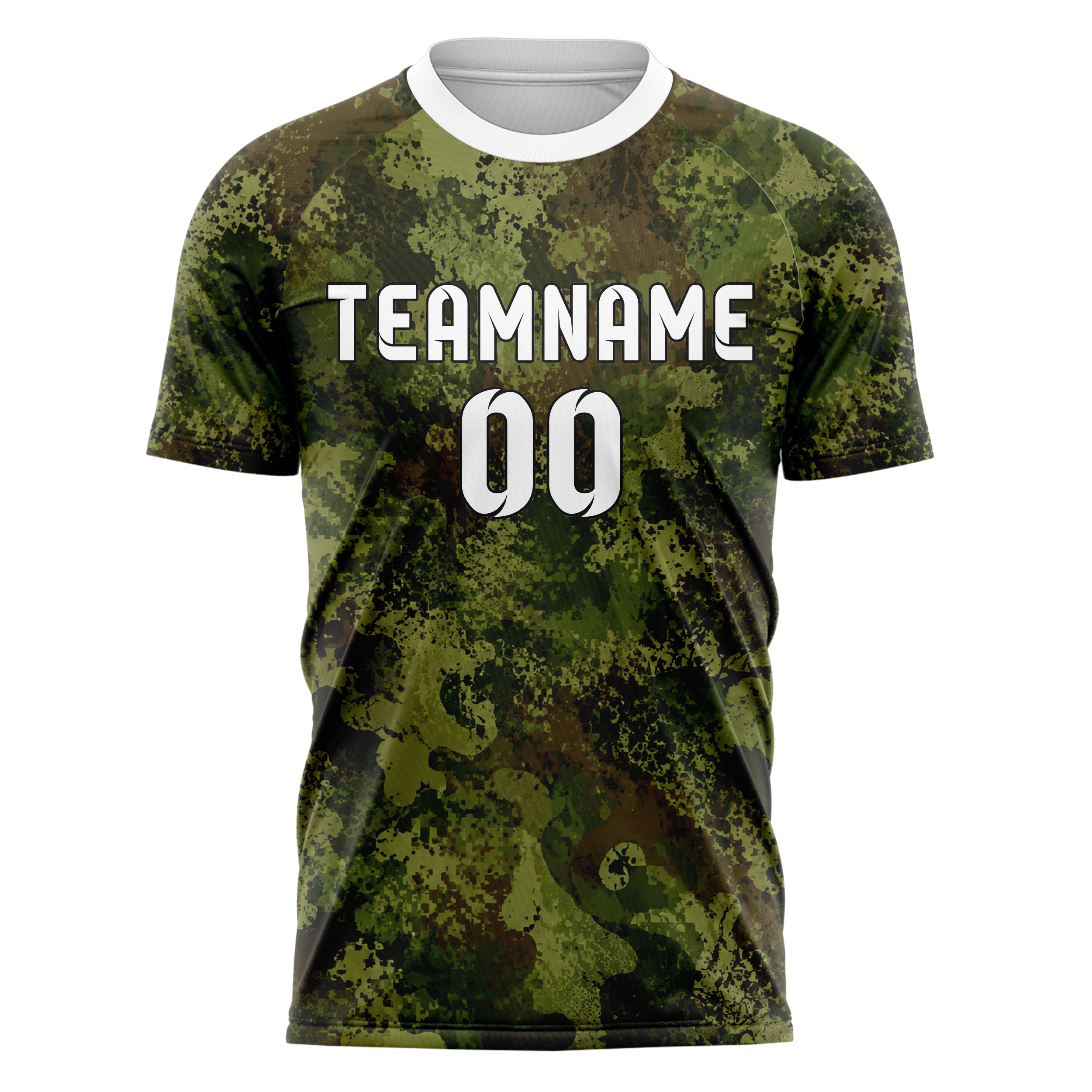 Olivgruen erdiges Camouflage Woodland Camo Design 07-0035 individuelles Fußballtrikot front