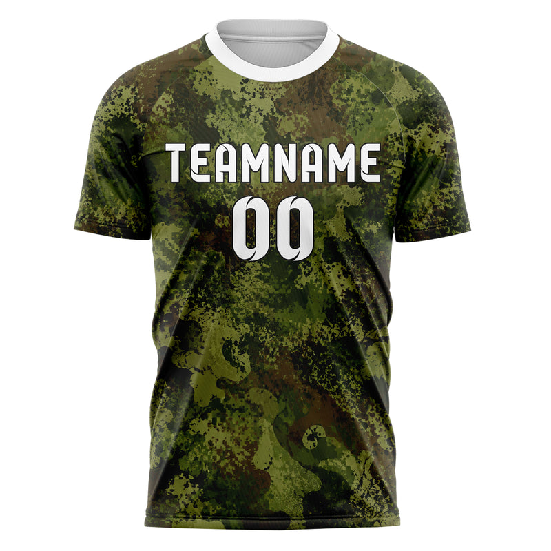Olivgruen erdiges Camouflage Woodland Camo Design 07-0035 individuelles Fußballtrikot front
