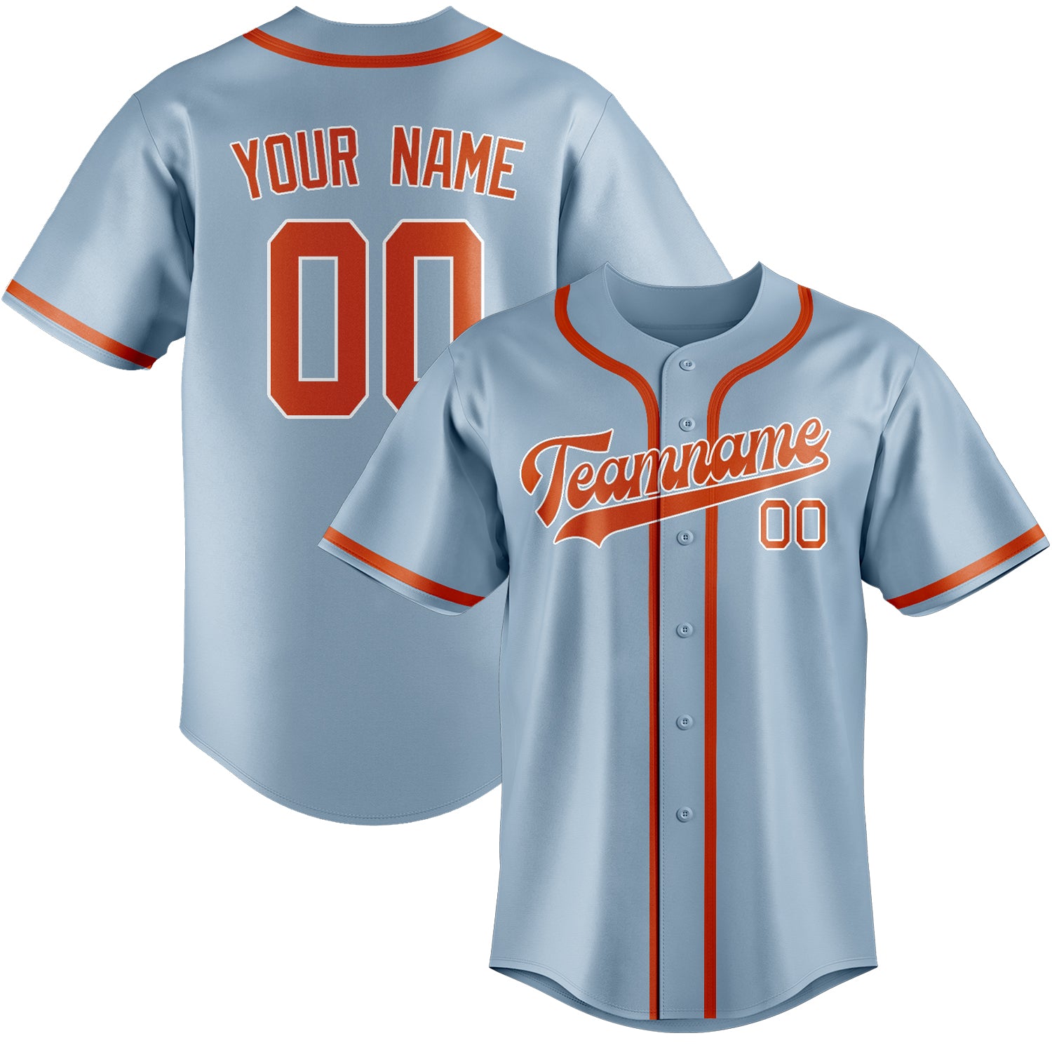 Benutzerdefiniertes Professionelles Hellblau Orangerot Baseballtrikot