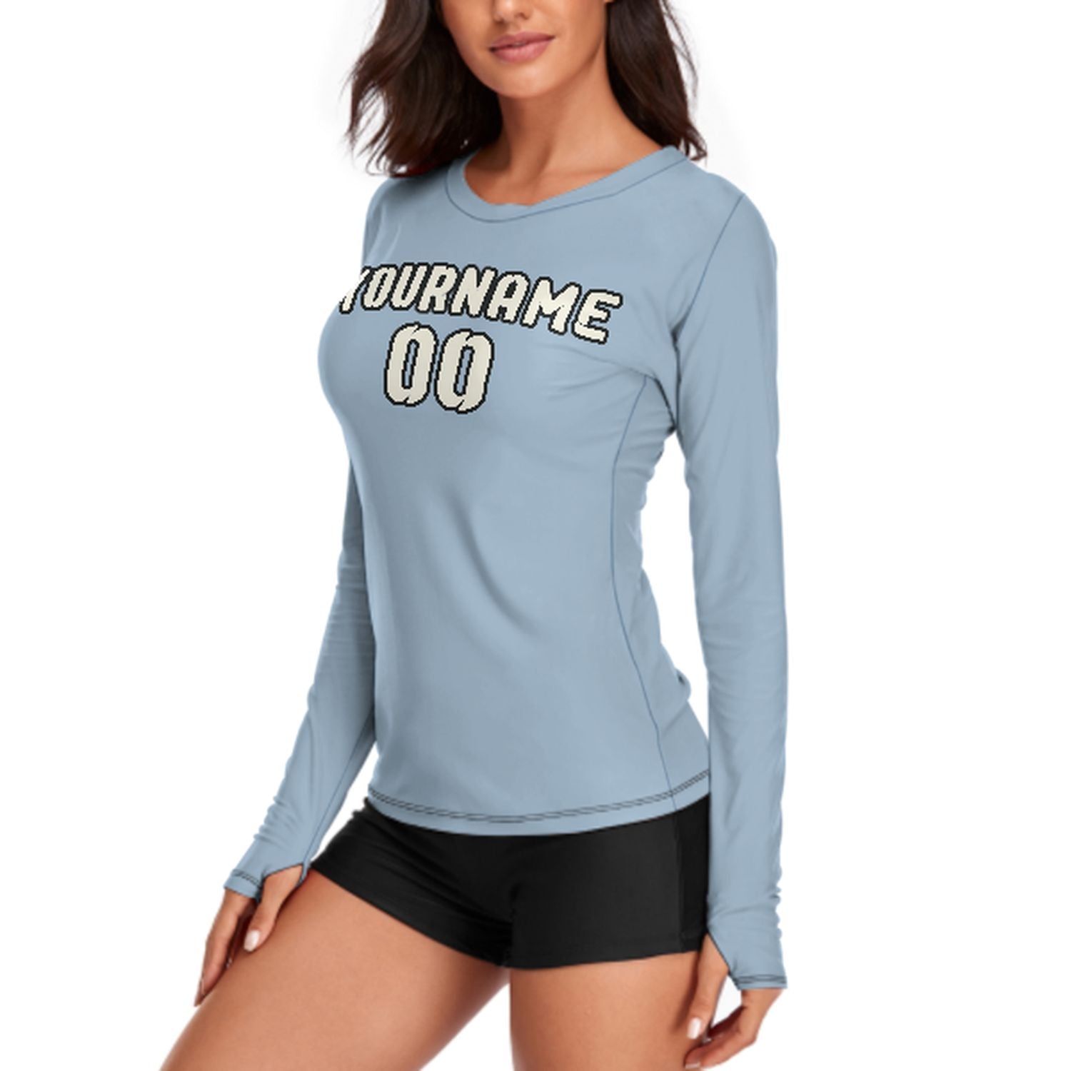 Maßgeschneidertes Hellblau Beige Damen Langarmshirt