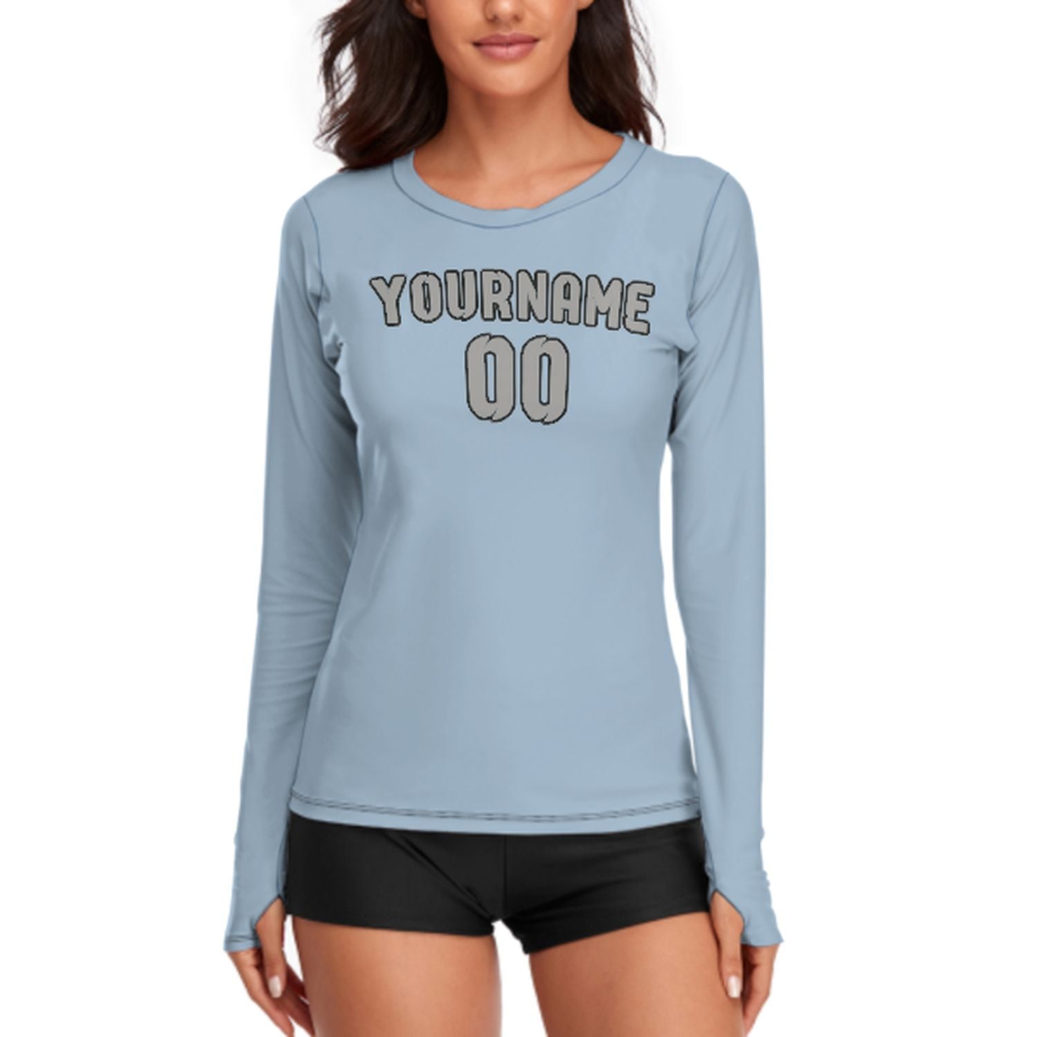 Maßgeschneidertes Hellblau Grau Damen Langarmshirt