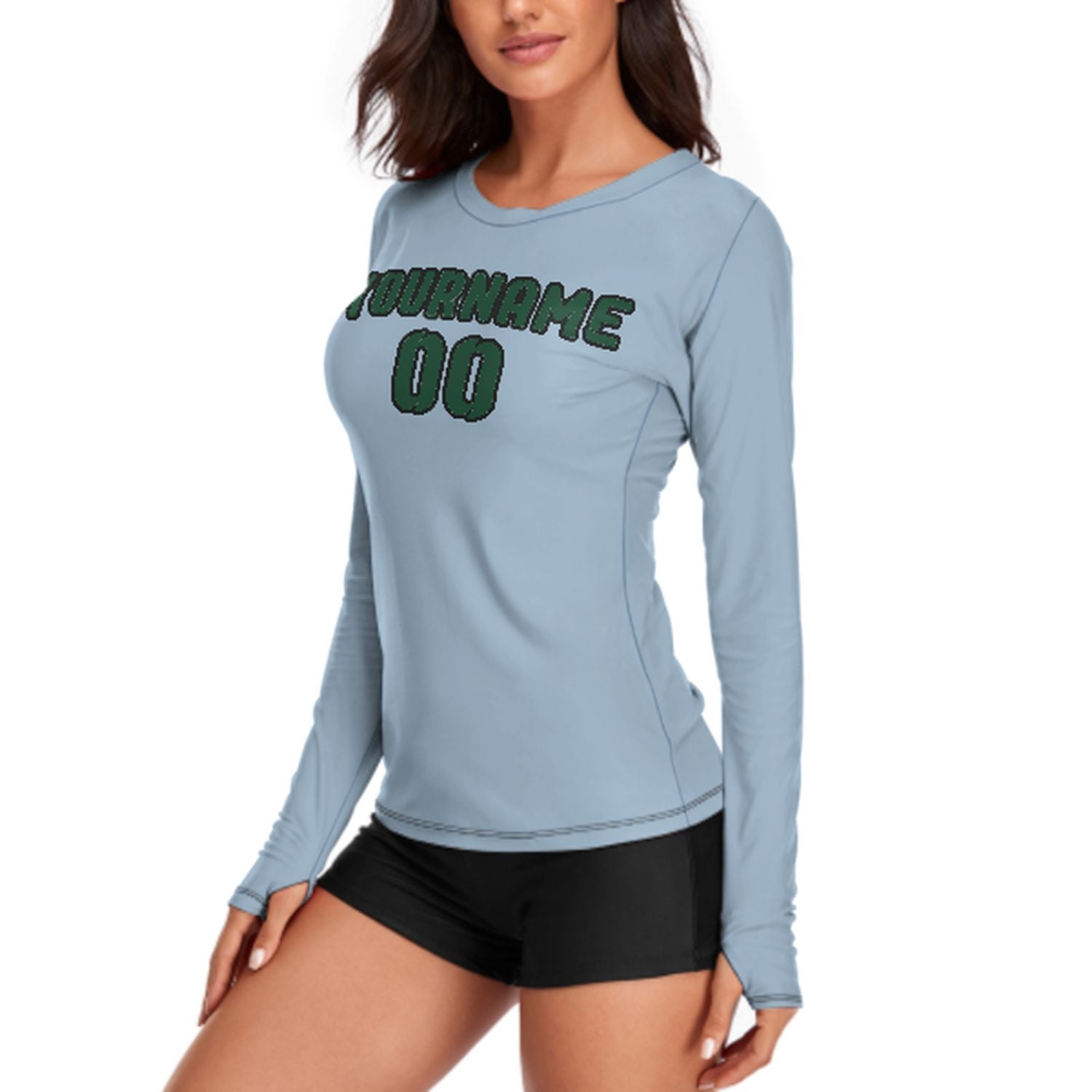 Maßgeschneidertes Hellblau Moosgrün Damen Langarmshirt