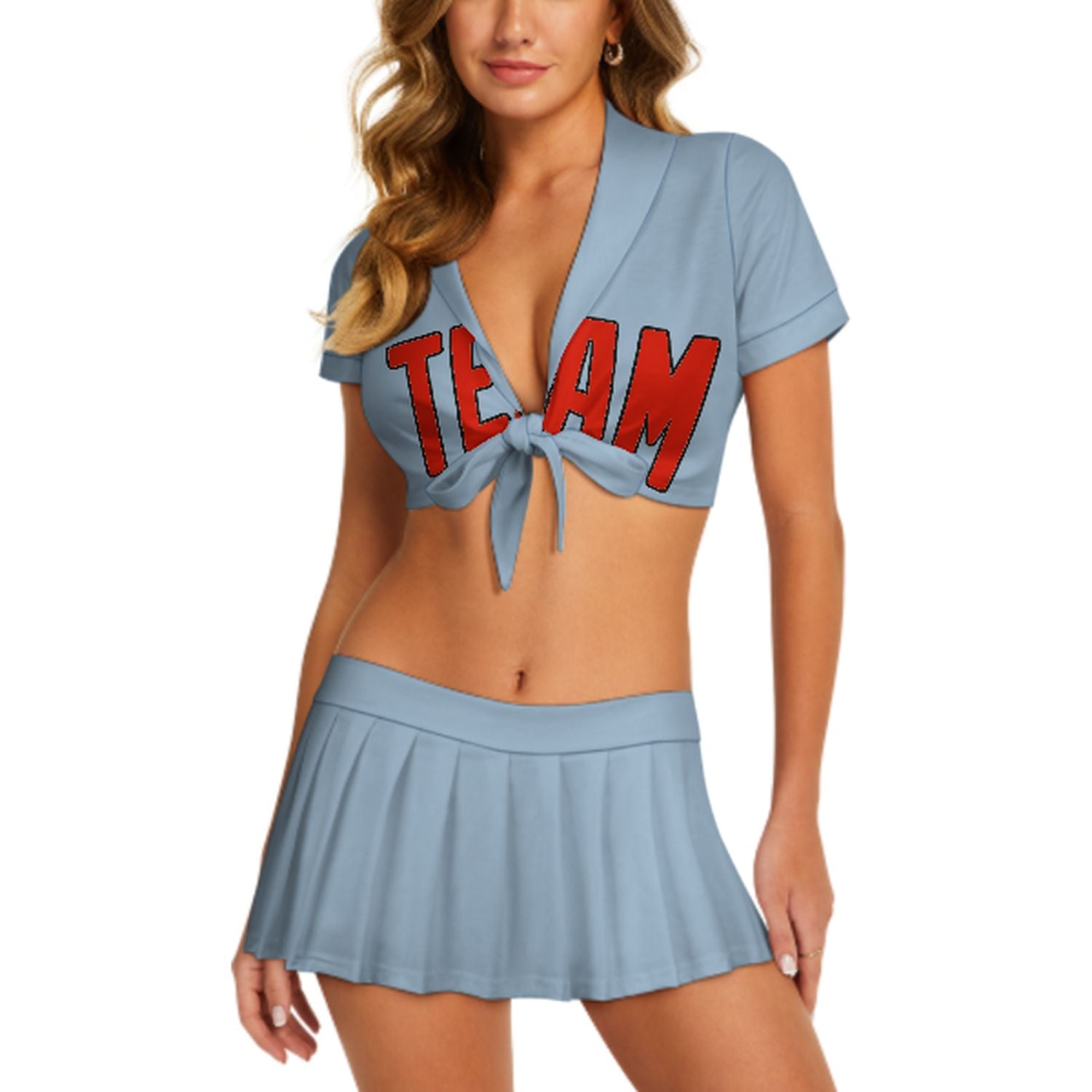 Maßgeschneidertes Hellblau Orangerot Cheerleader Outfit Set