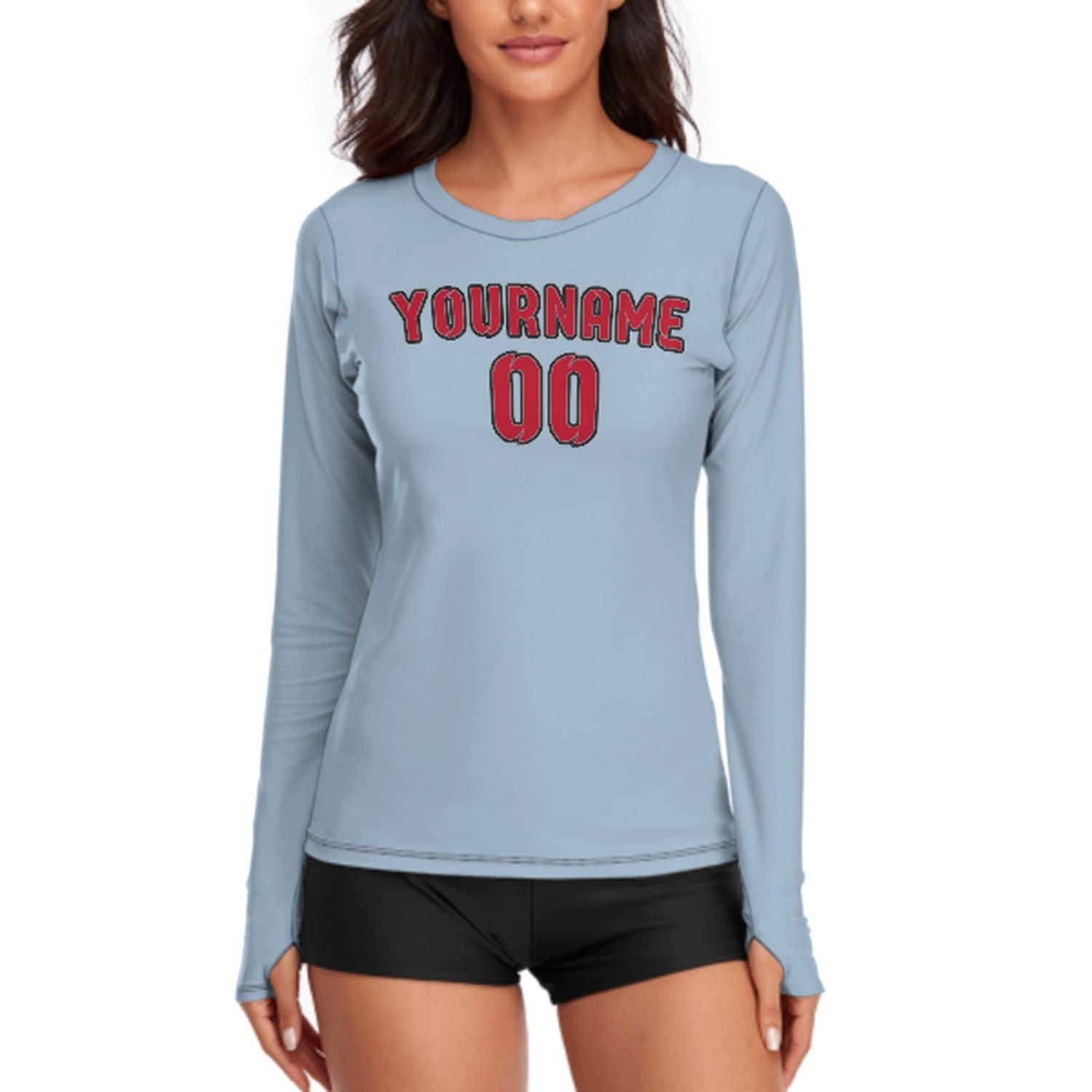 Maßgeschneidertes Hellblau Rot Damen Langarmshirt