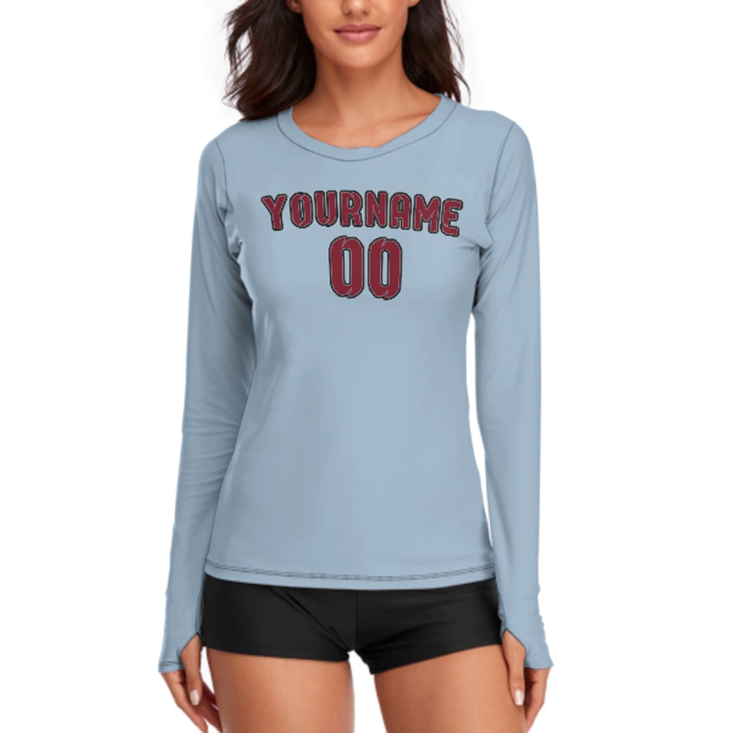 Maßgeschneidertes Hellblau Karmesinrot Damen Langarmshirt