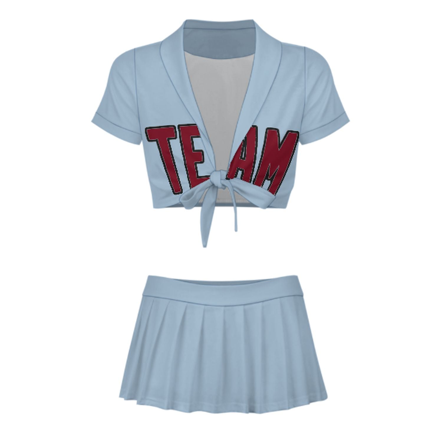 Maßgeschneidertes Hellblau Karmesinrot Cheerleader Outfit Set
