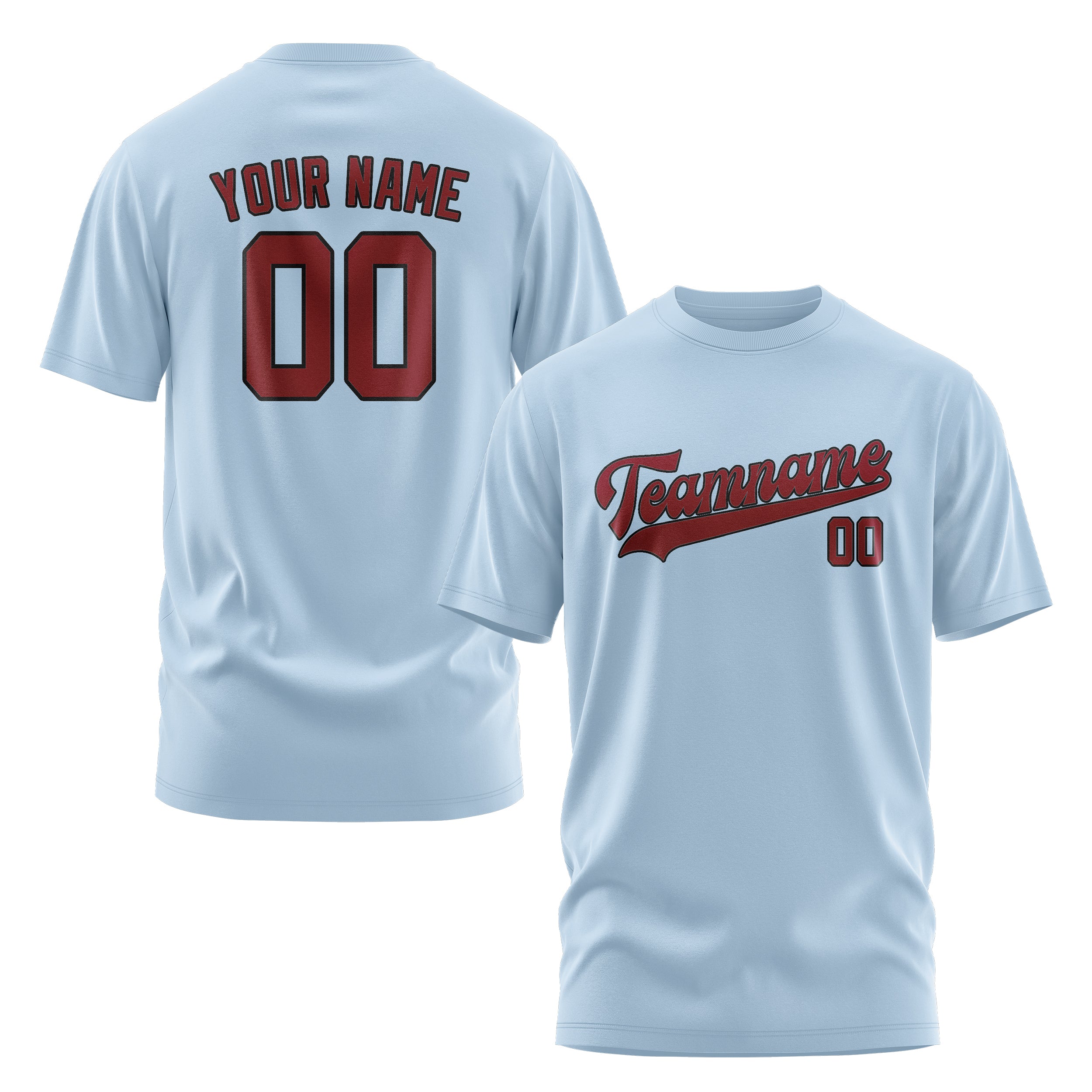 Maßgeschneidertes Hellblau Karmesinrot T-Shirt