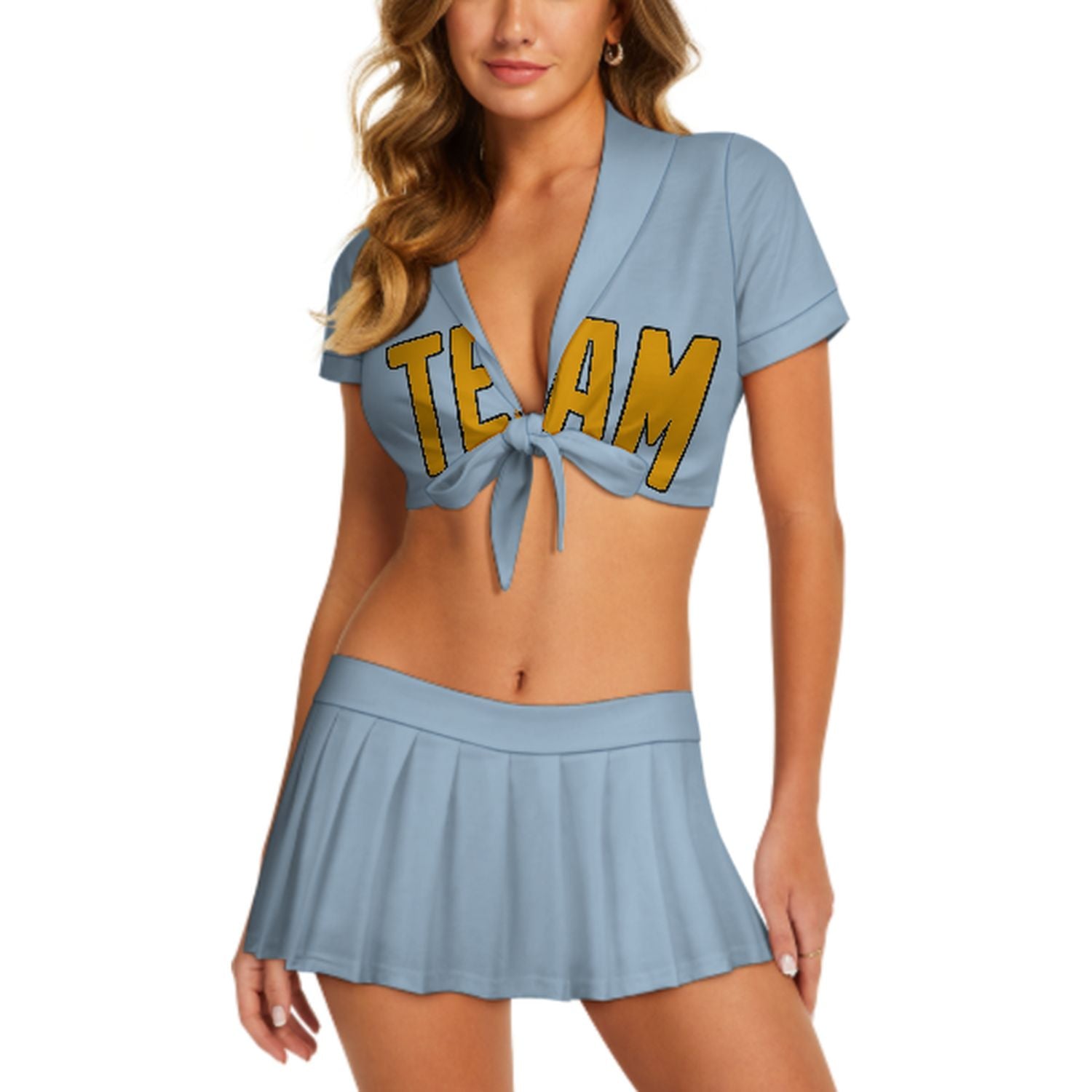 Maßgeschneidertes Hellblau Gelb Cheerleader Outfit Set