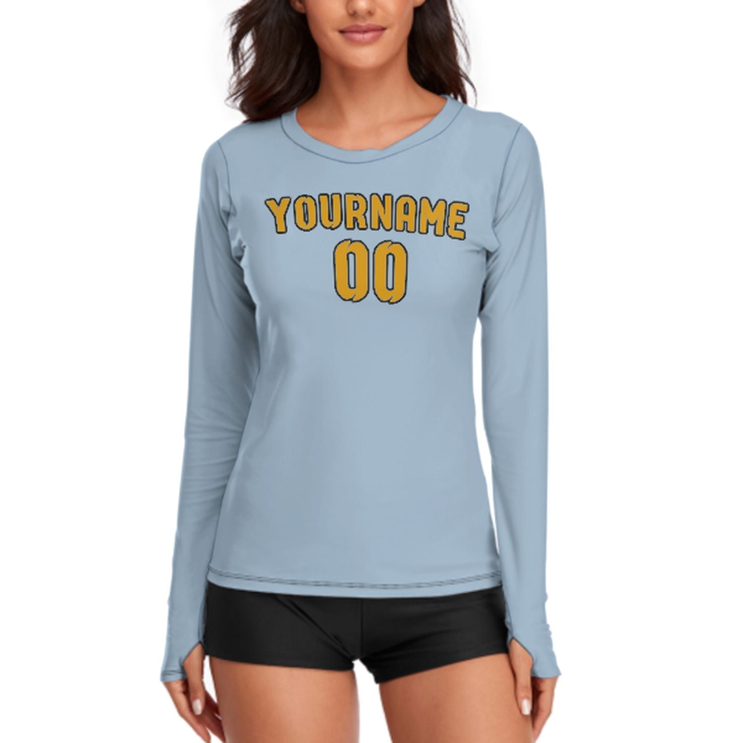 Maßgeschneidertes Hellblau Gelb Damen Langarmshirt