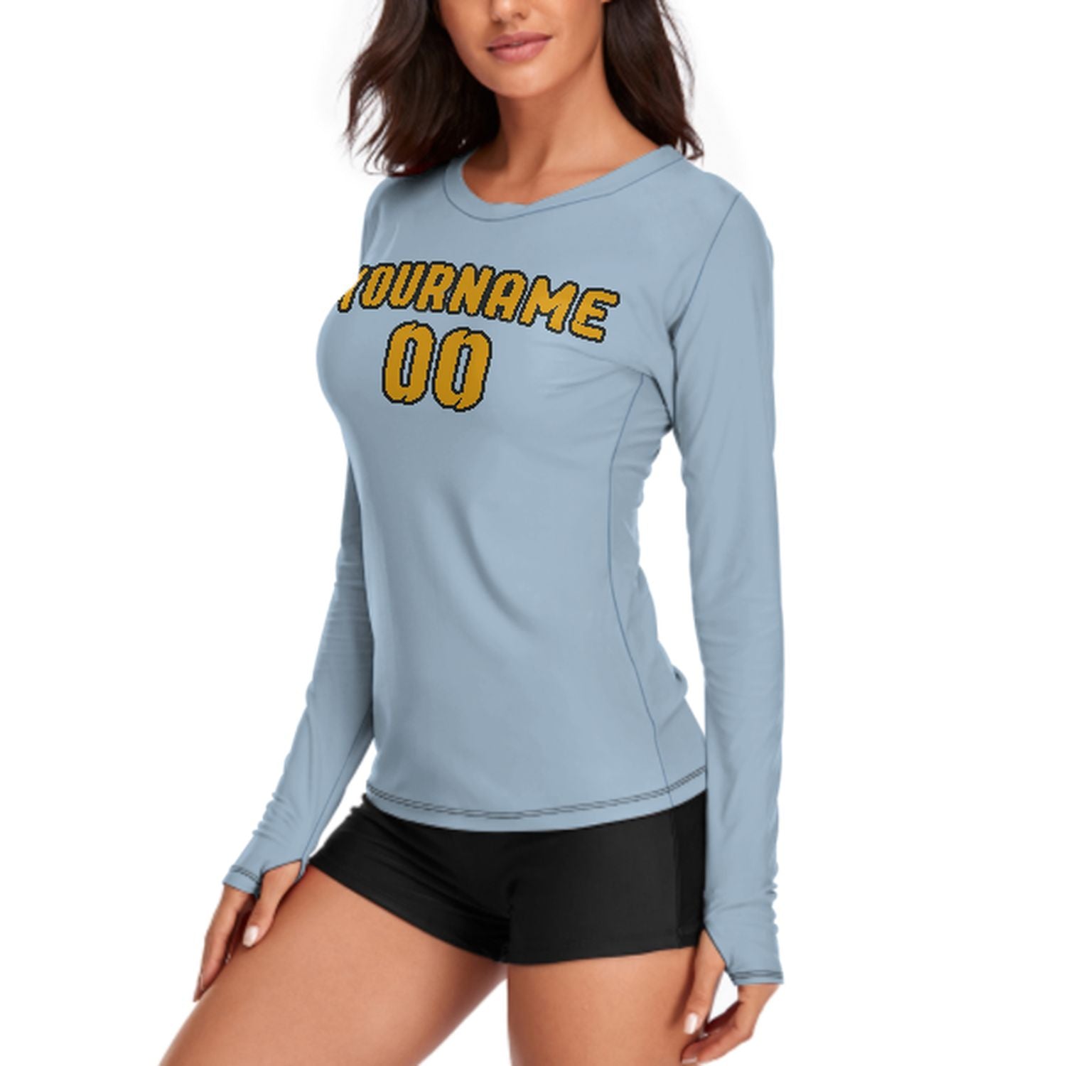 Maßgeschneidertes Hellblau Gelb Damen Langarmshirt