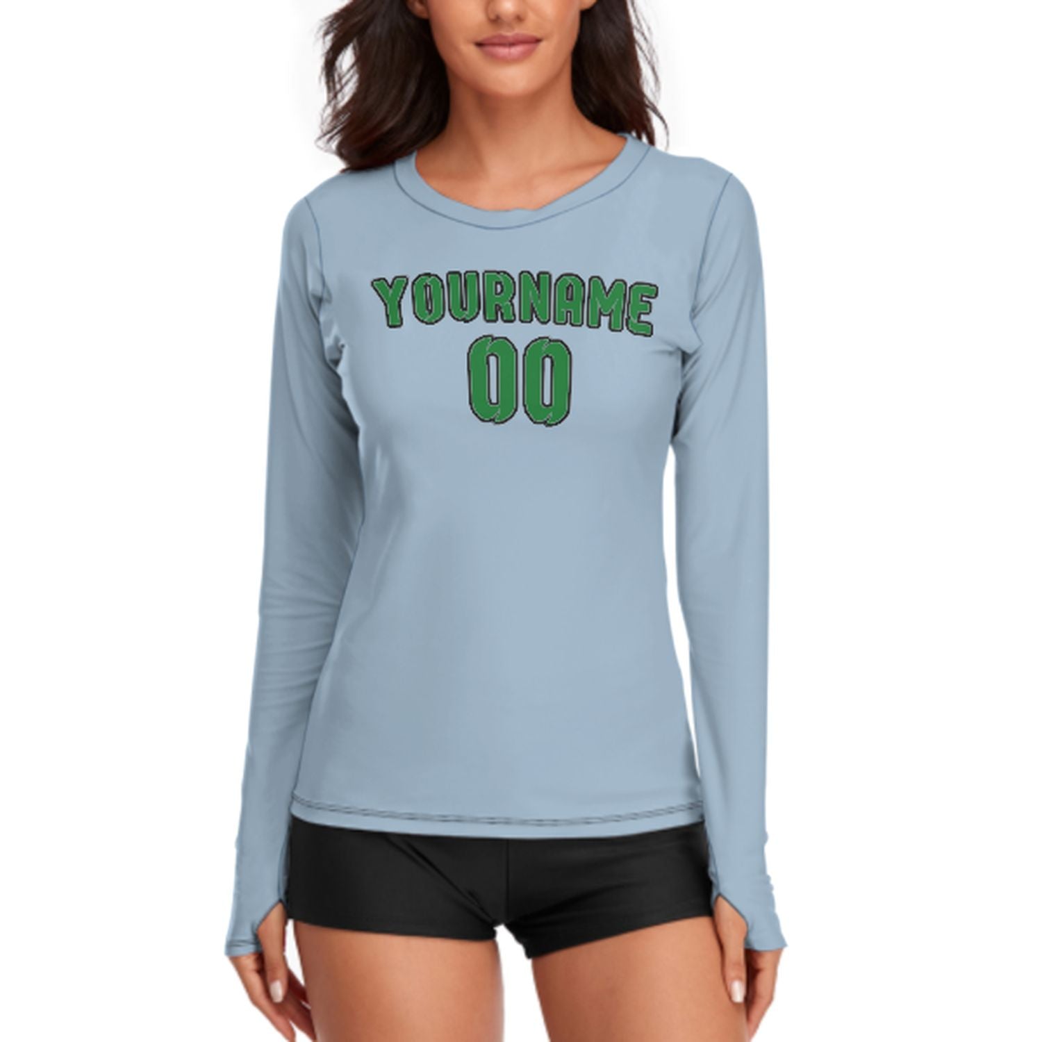 Maßgeschneidertes Hellblau Smaragdgrün Damen Langarmshirt