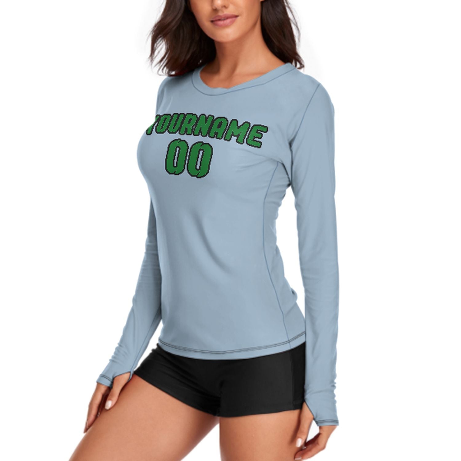 Maßgeschneidertes Hellblau Smaragdgrün Damen Langarmshirt