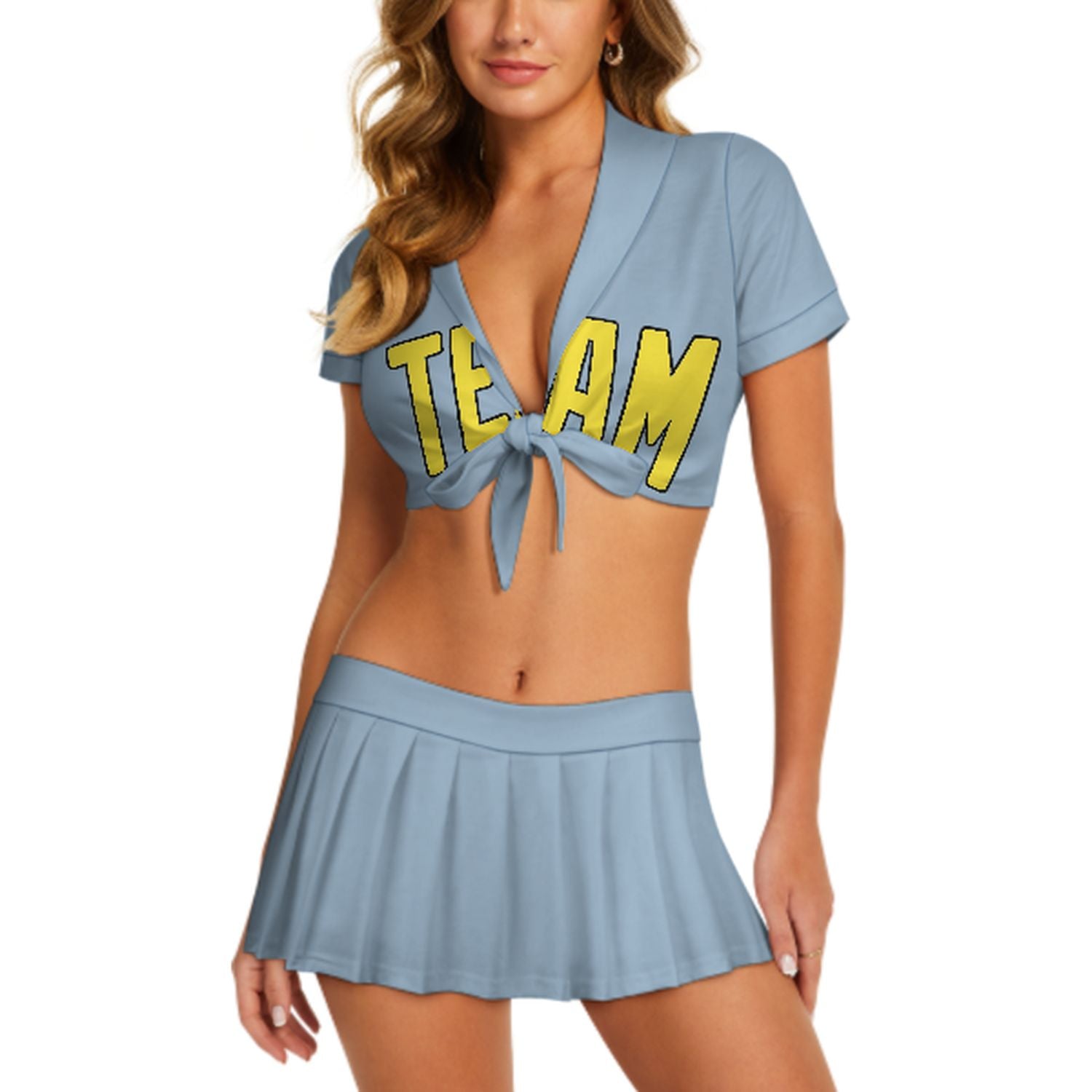 Maßgeschneidertes Hellblau Blassgelb Cheerleader Outfit Set