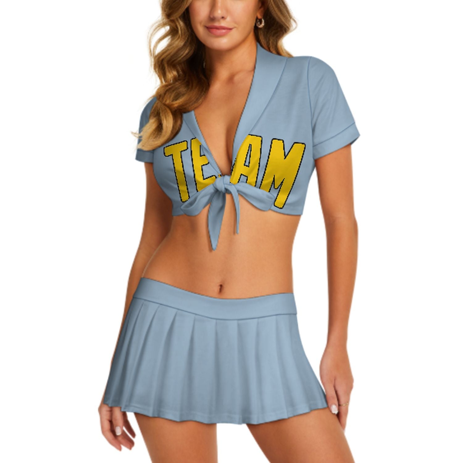 Maßgeschneidertes Hellblau Gold Cheerleader Outfit Set