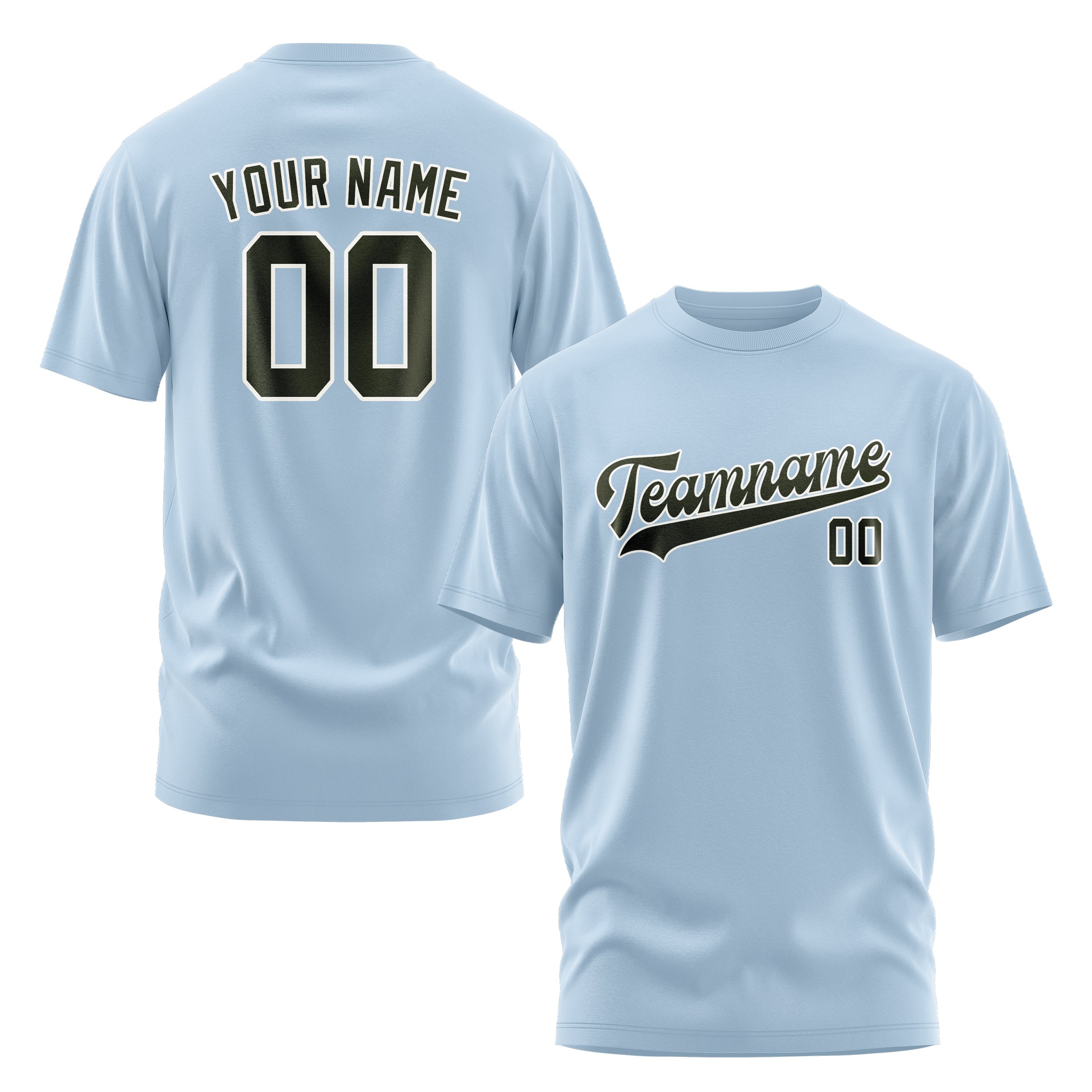 Maßgeschneidertes Hellblau Dunkles Oliv T-Shirt