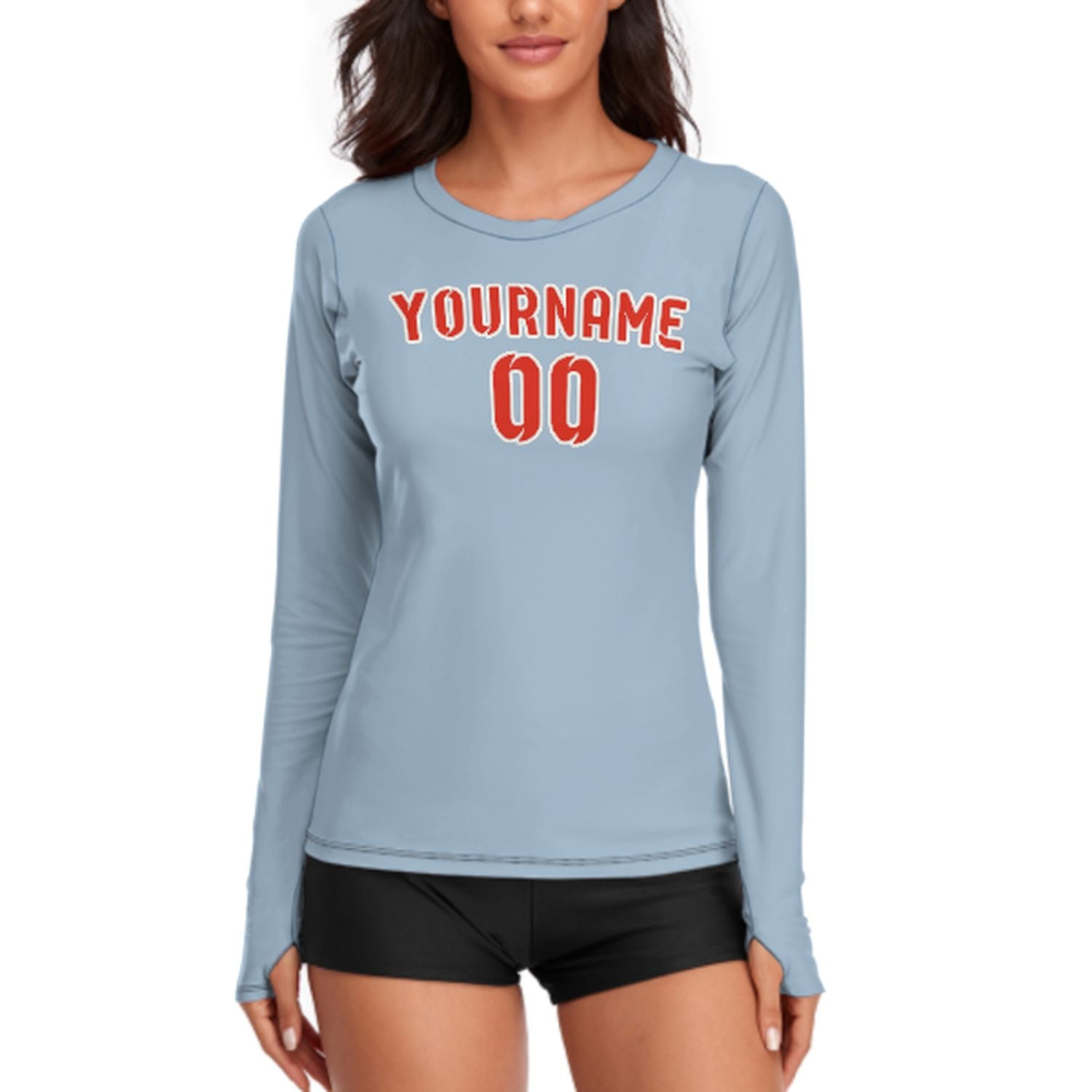 Maßgeschneidertes Hellblau Orangerot Damen Langarmshirt