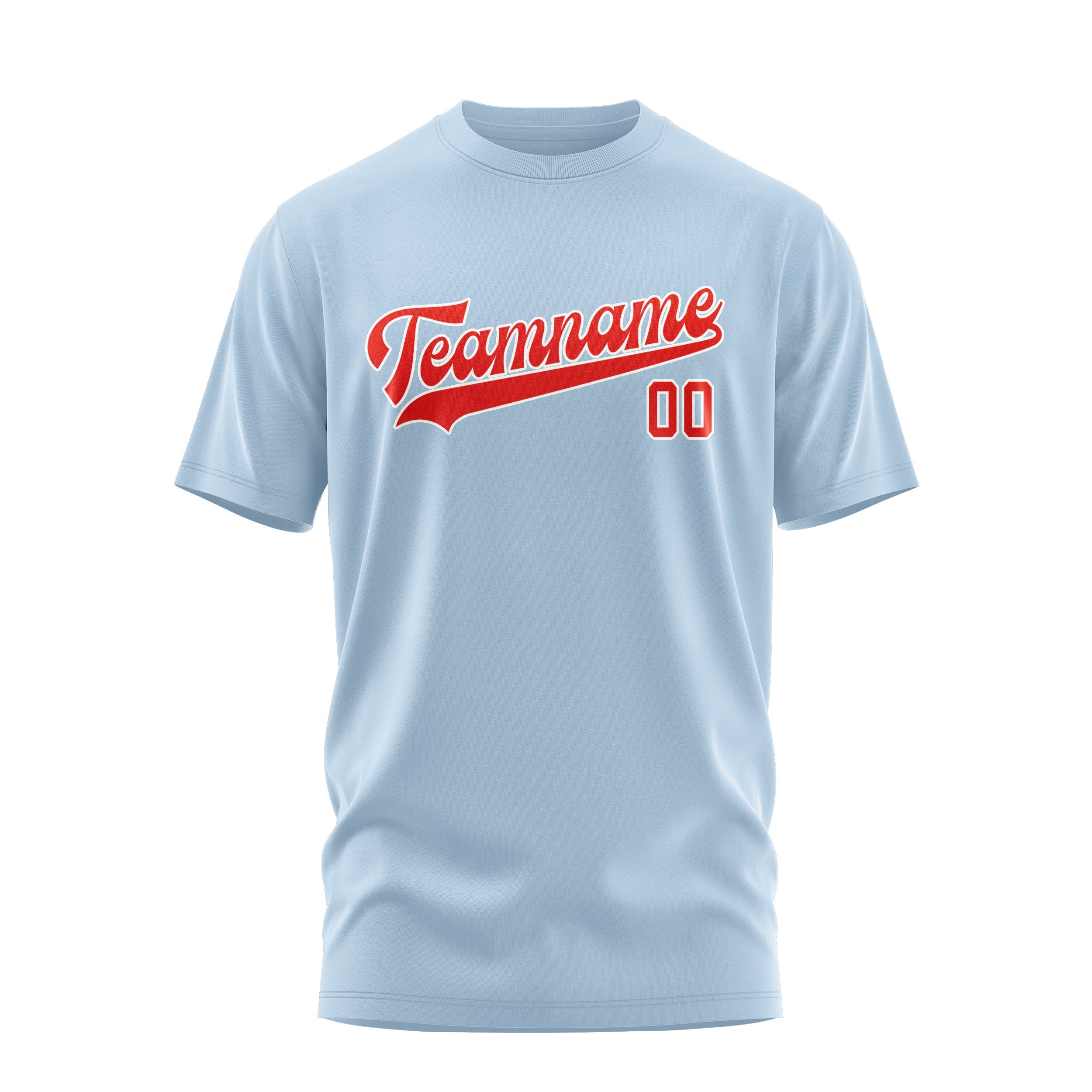 Maßgeschneidertes Hellblau Orangerot T-Shirt