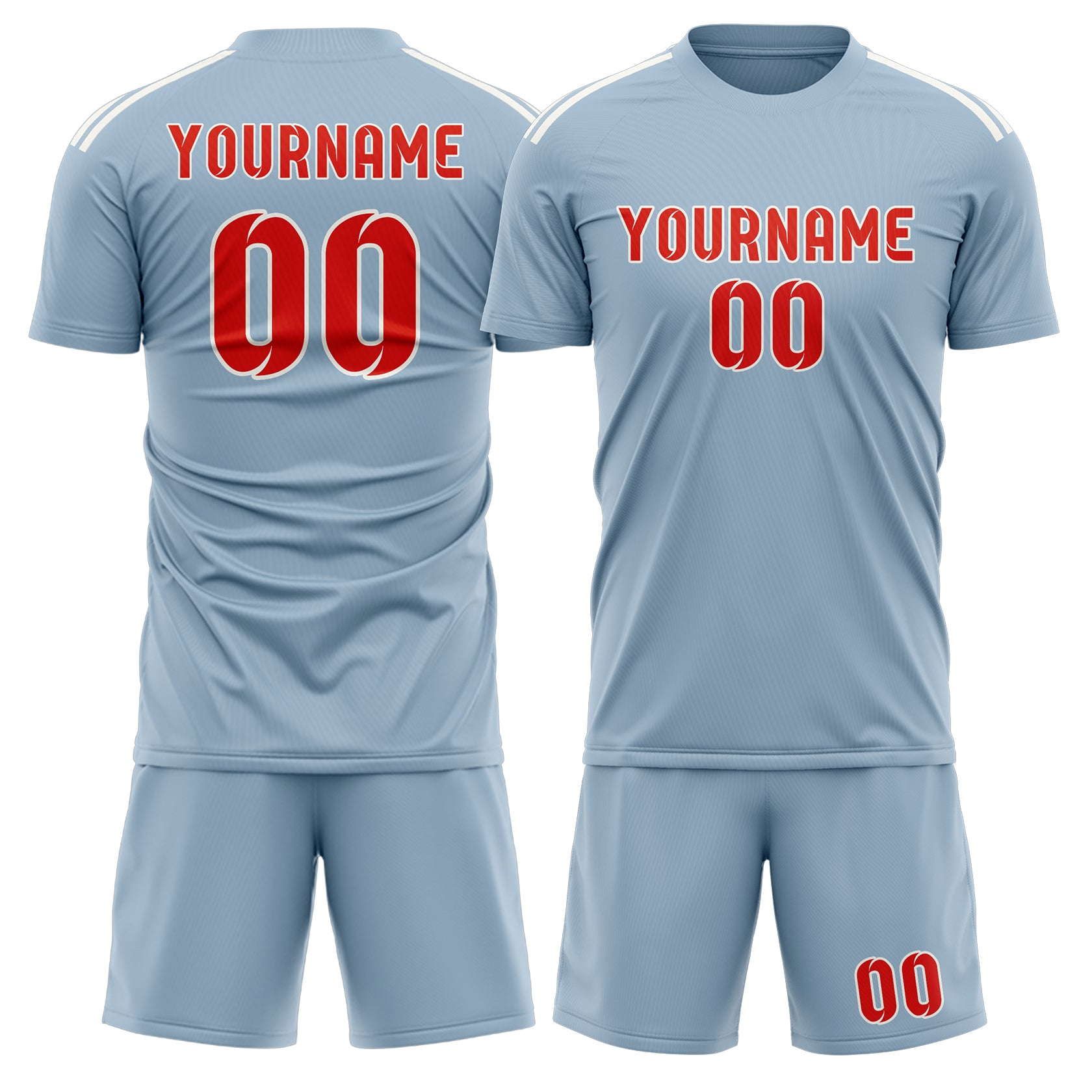 Maßgeschneidertes Professionelles Hellblau Orangerot Fußballtrikot-Set