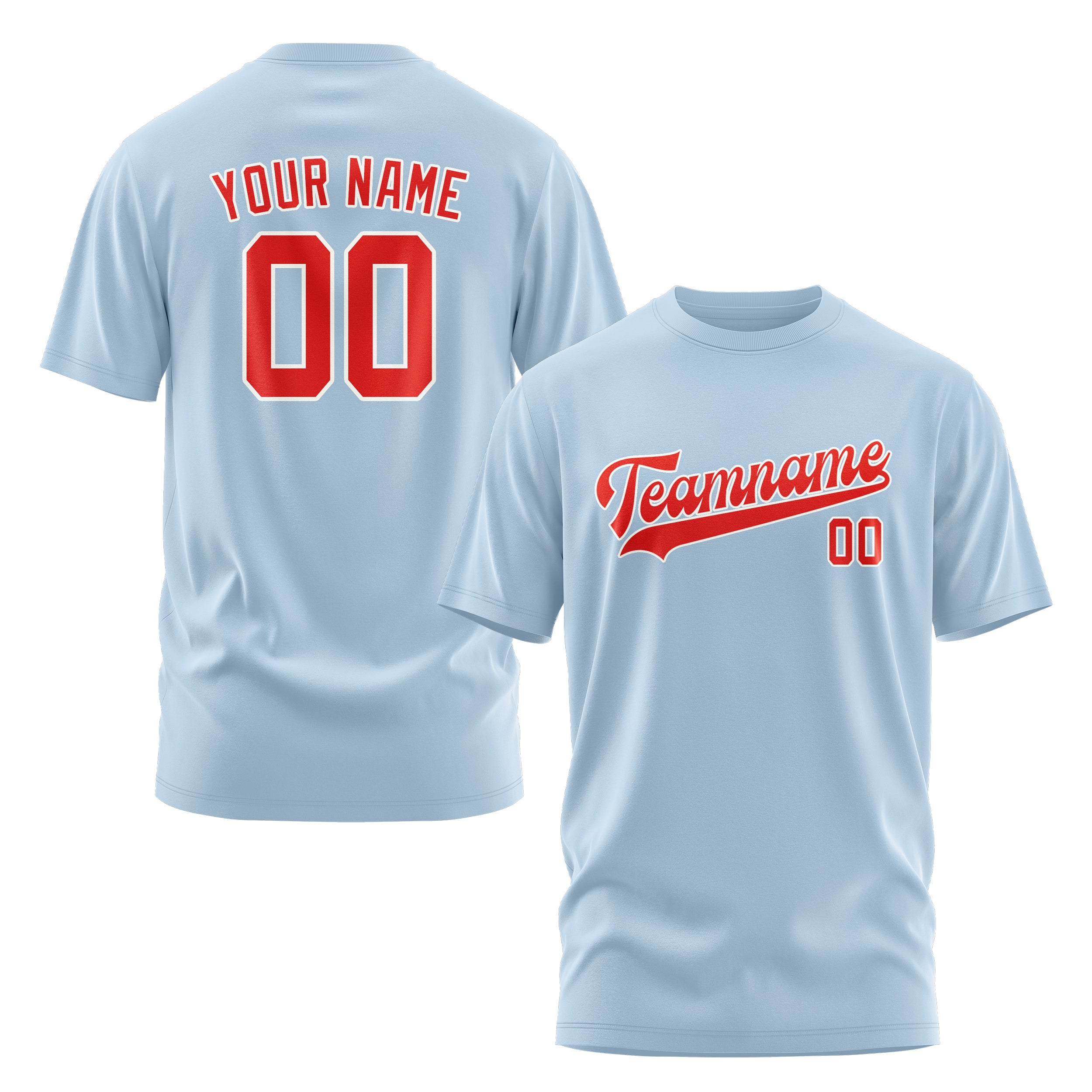 Maßgeschneidertes Hellblau Orangerot T-Shirt