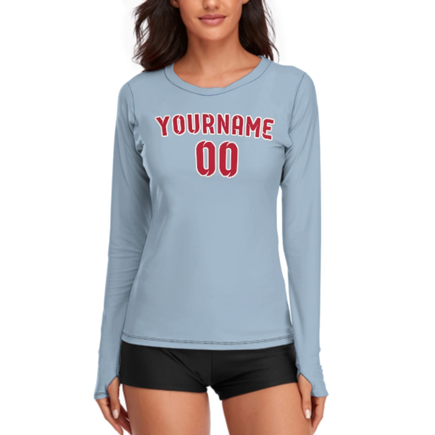 Maßgeschneidertes Hellblau Rot Damen Langarmshirt