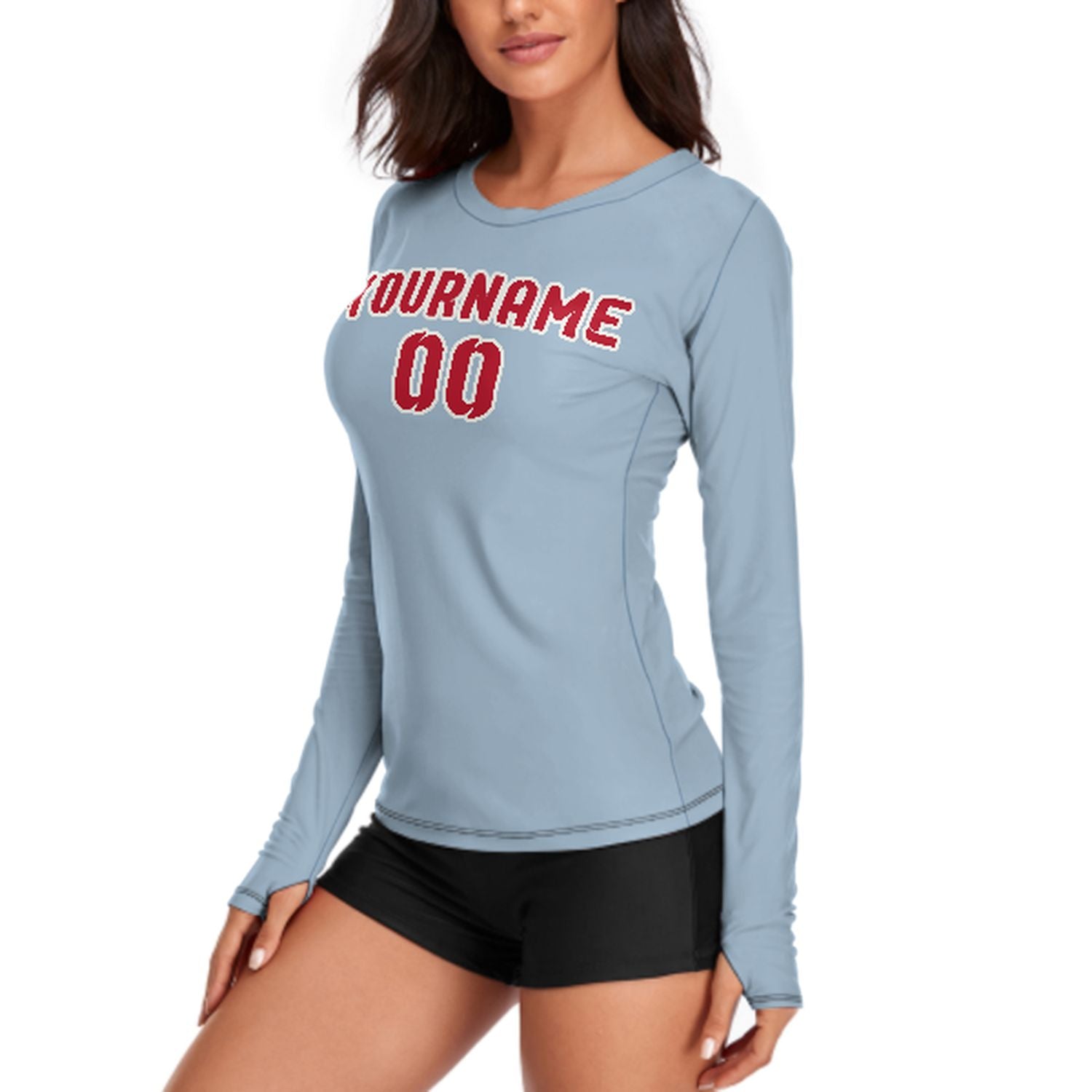 Maßgeschneidertes Hellblau Rot Damen Langarmshirt