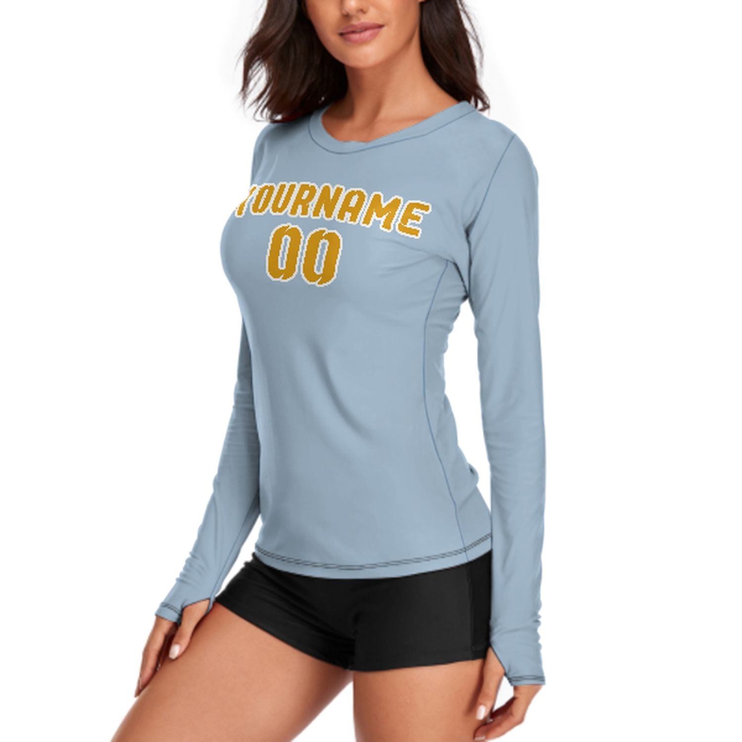 Maßgeschneidertes Hellblau Gelb Damen Langarmshirt