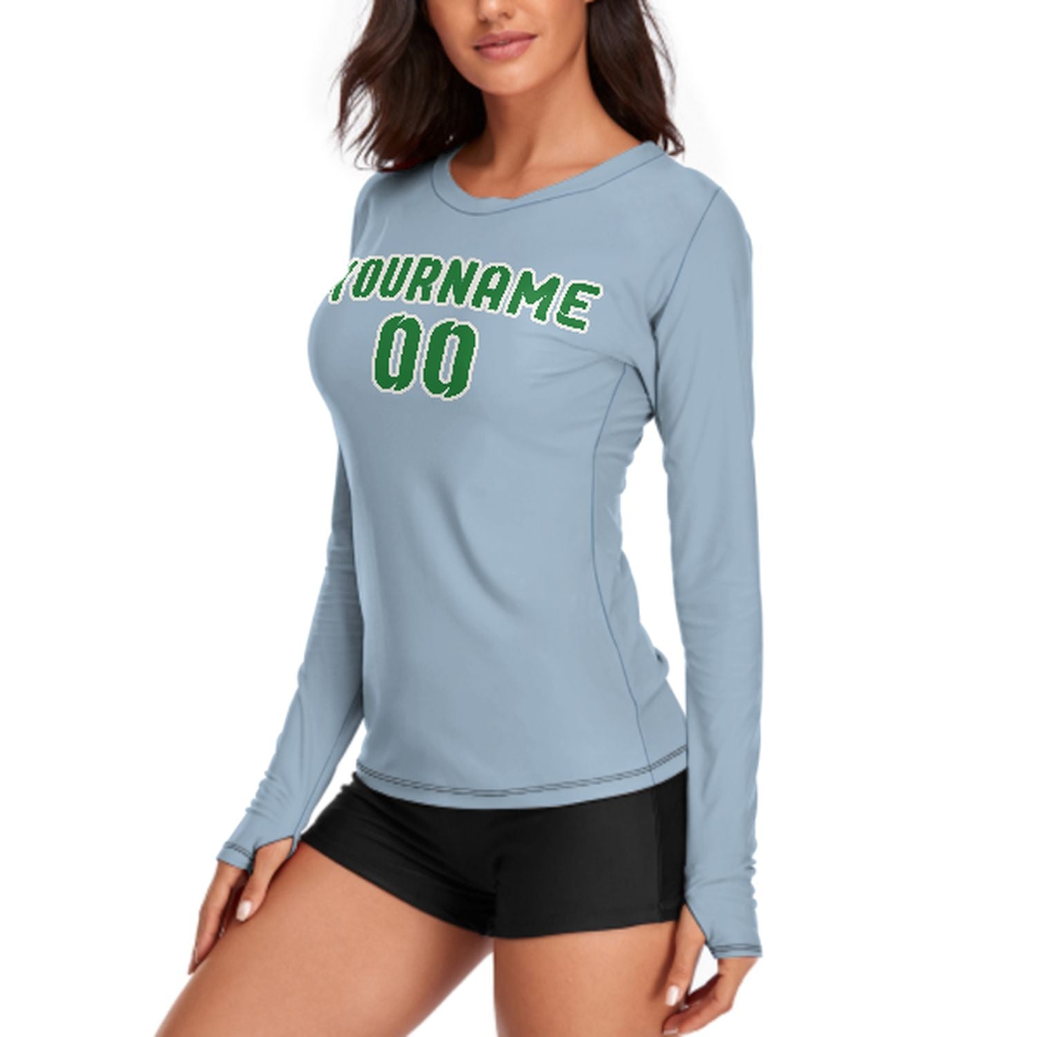 Maßgeschneidertes Hellblau Smaragdgrün Damen Langarmshirt