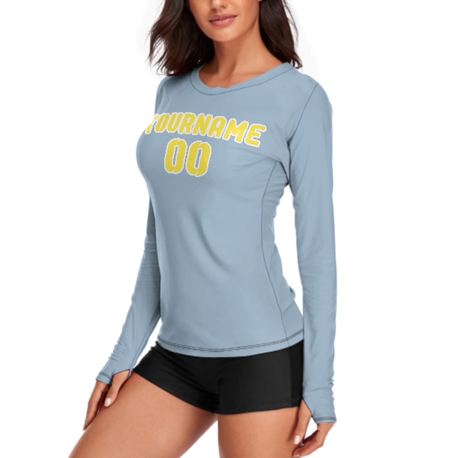 Maßgeschneidertes Hellblau Blassgelb Damen Langarmshirt