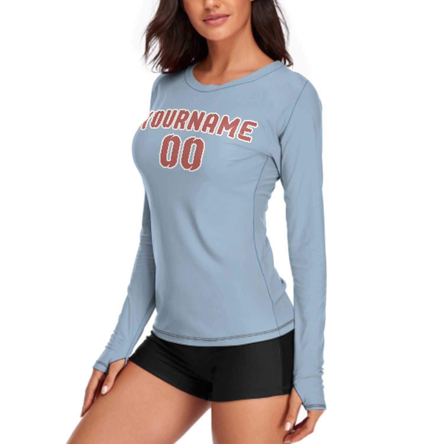 Maßgeschneidertes Hellblau Kupferrose Damen Langarmshirt