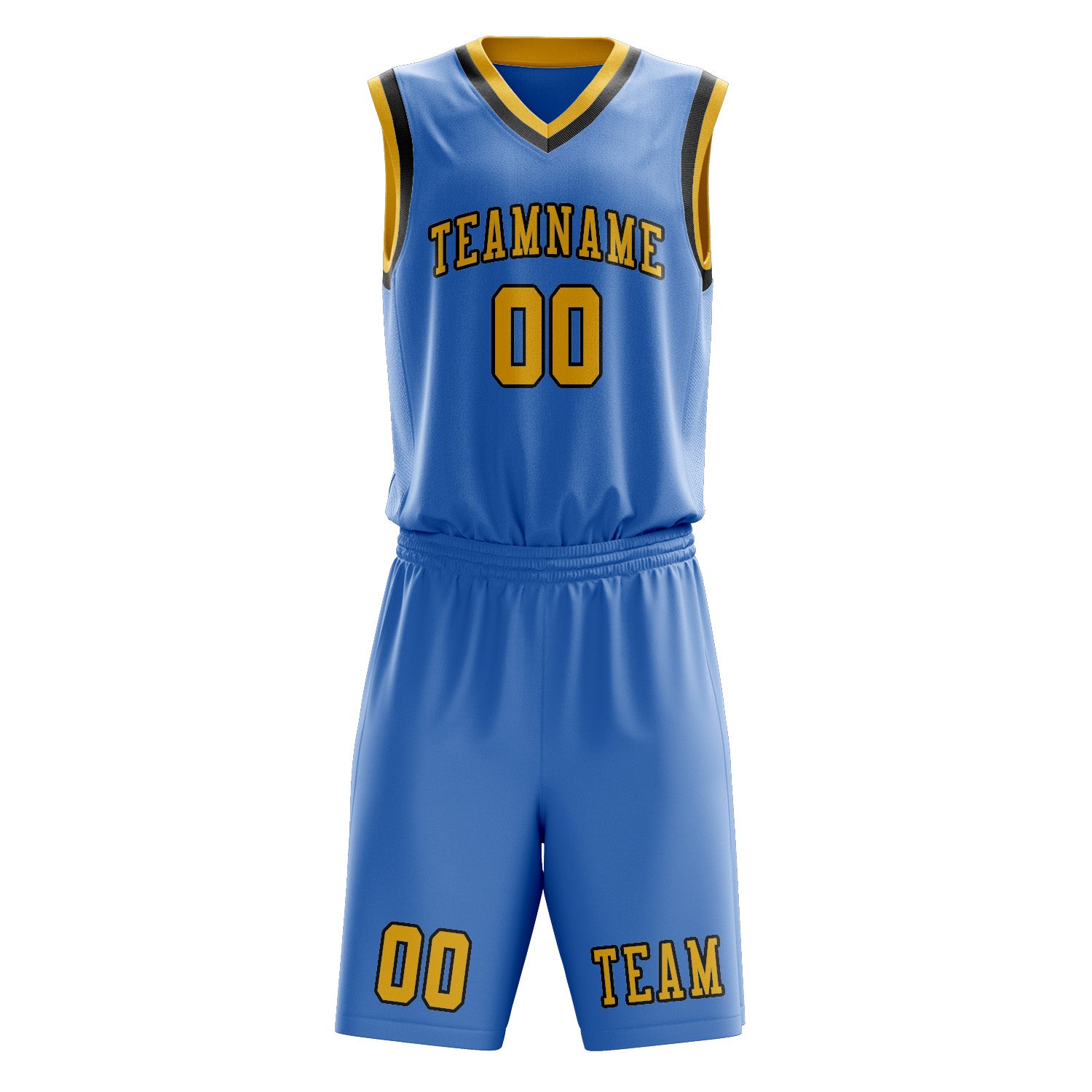 Benutzerdefiniertes Professionelles Hellblau Gold Basketballtrikot-Set