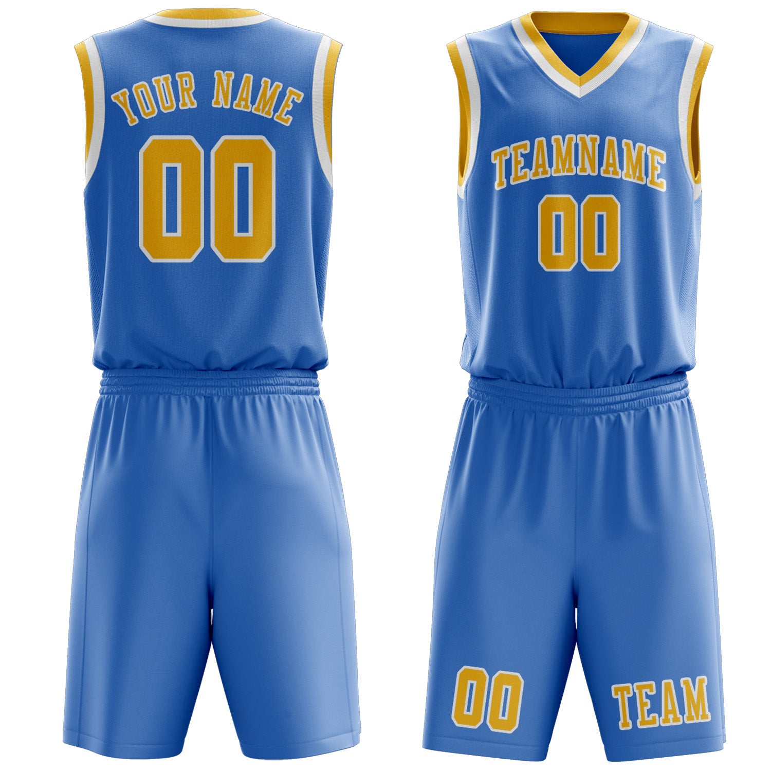 Benutzerdefiniertes Professionelles Hellblau Gold Basketballtrikot-Set