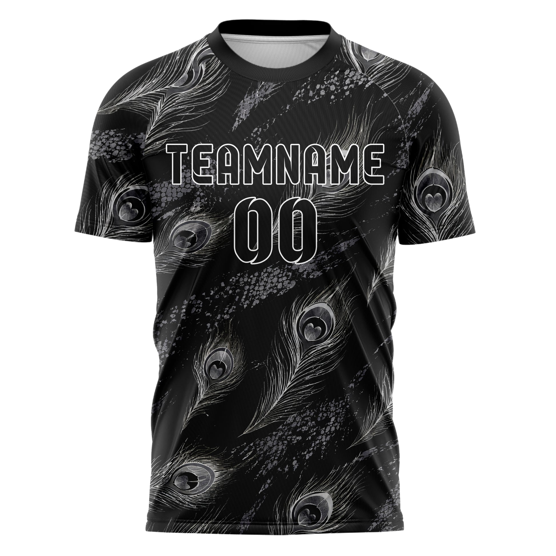 Schwarz klassisches Animal Print Peacock Feather Design 08-0003 individuelles Fußballtrikot front