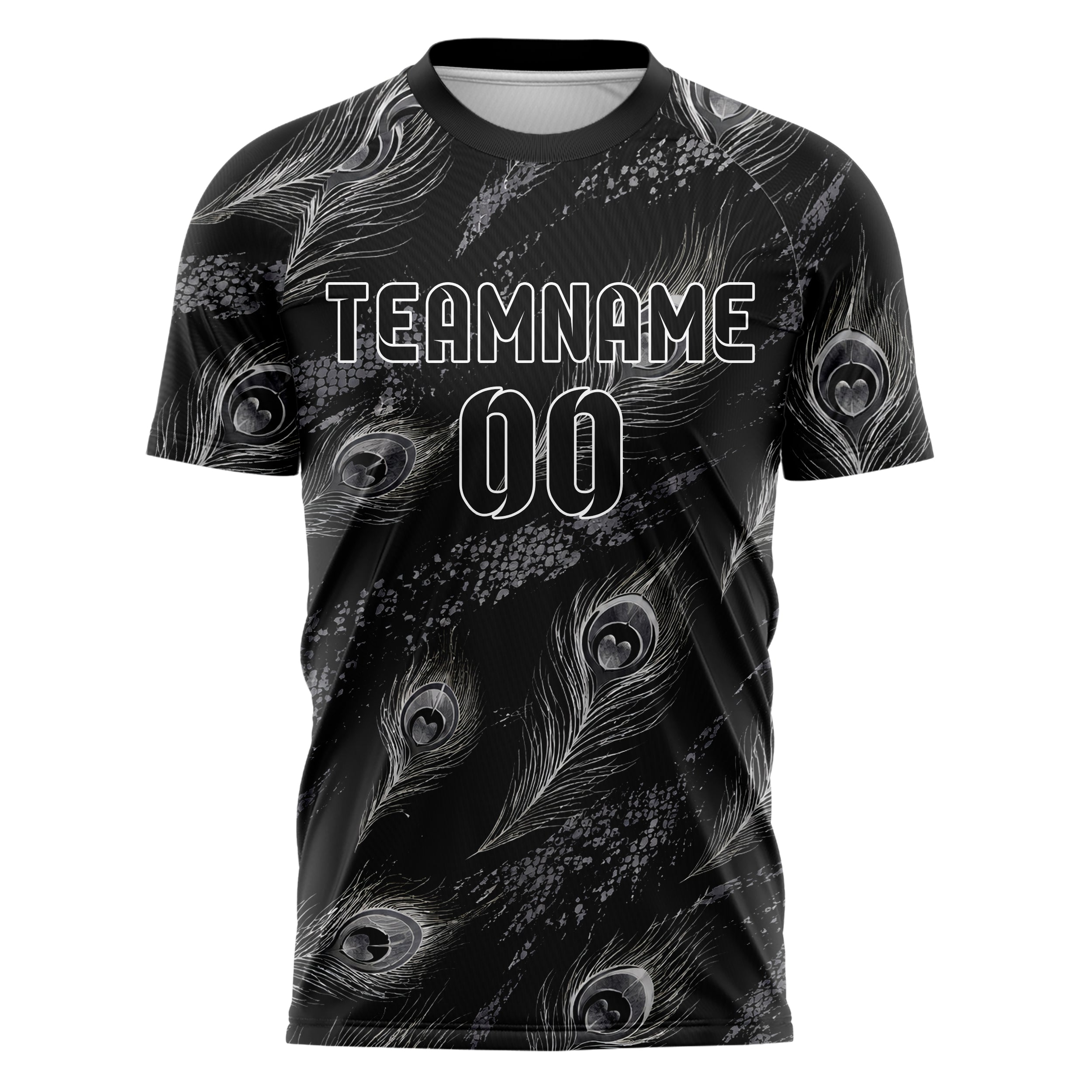 Schwarz klassisches Animal Print Peacock Feather Design 08-0003 individuelles Fußballtrikot front