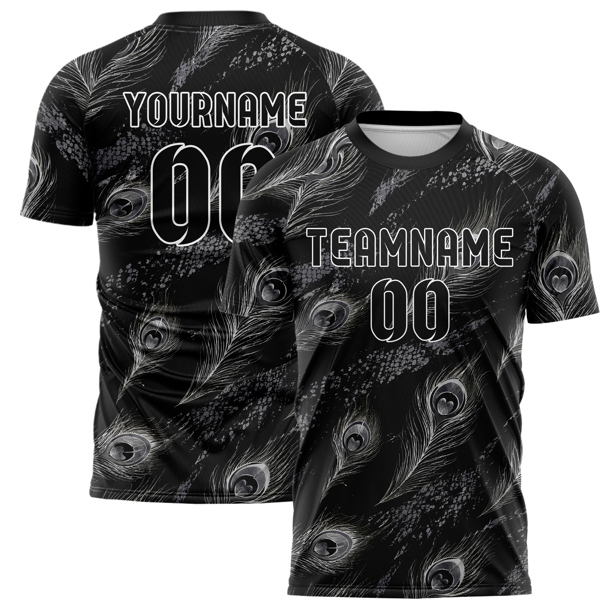 Schwarz klassisches Animal Print Peacock Feather Design 08-0003 individuelles Fußballtrikot main