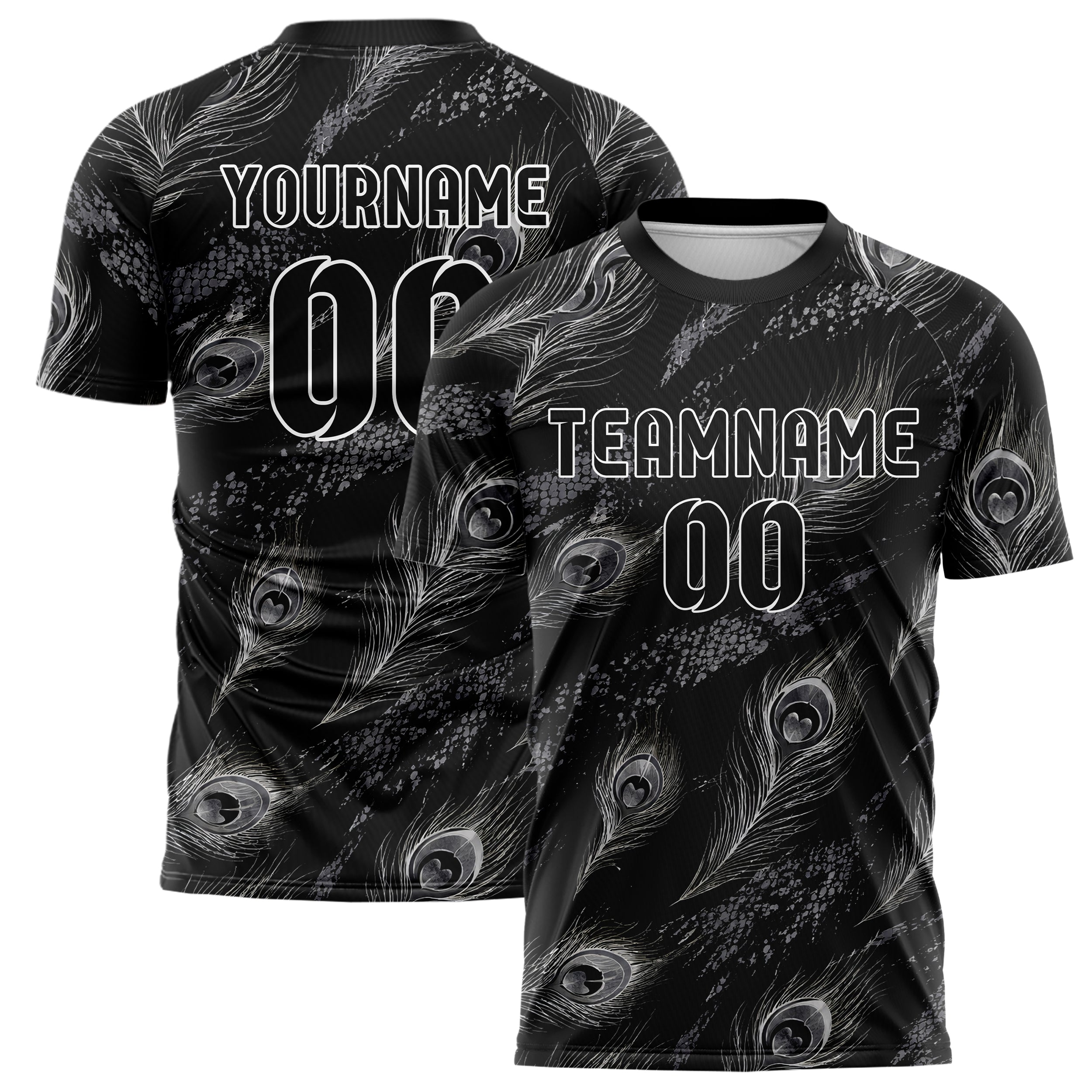 Schwarz klassisches Animal Print Peacock Feather Design 08-0003 individuelles Fußballtrikot main