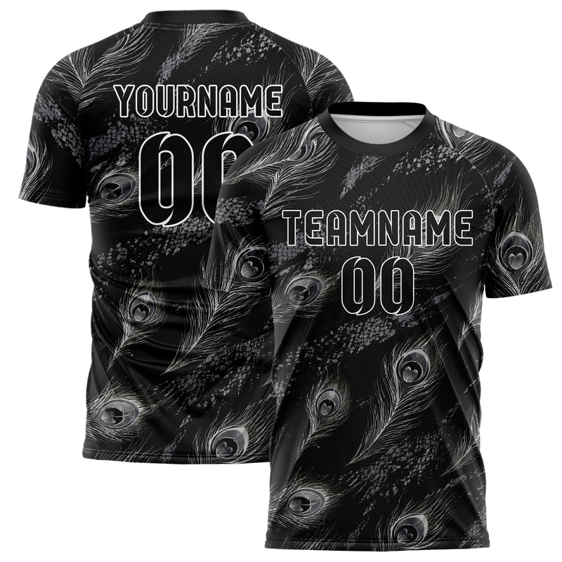 Schwarz klassisches Animal Print Peacock Feather Design 08-0003 individuelles Fußballtrikot main